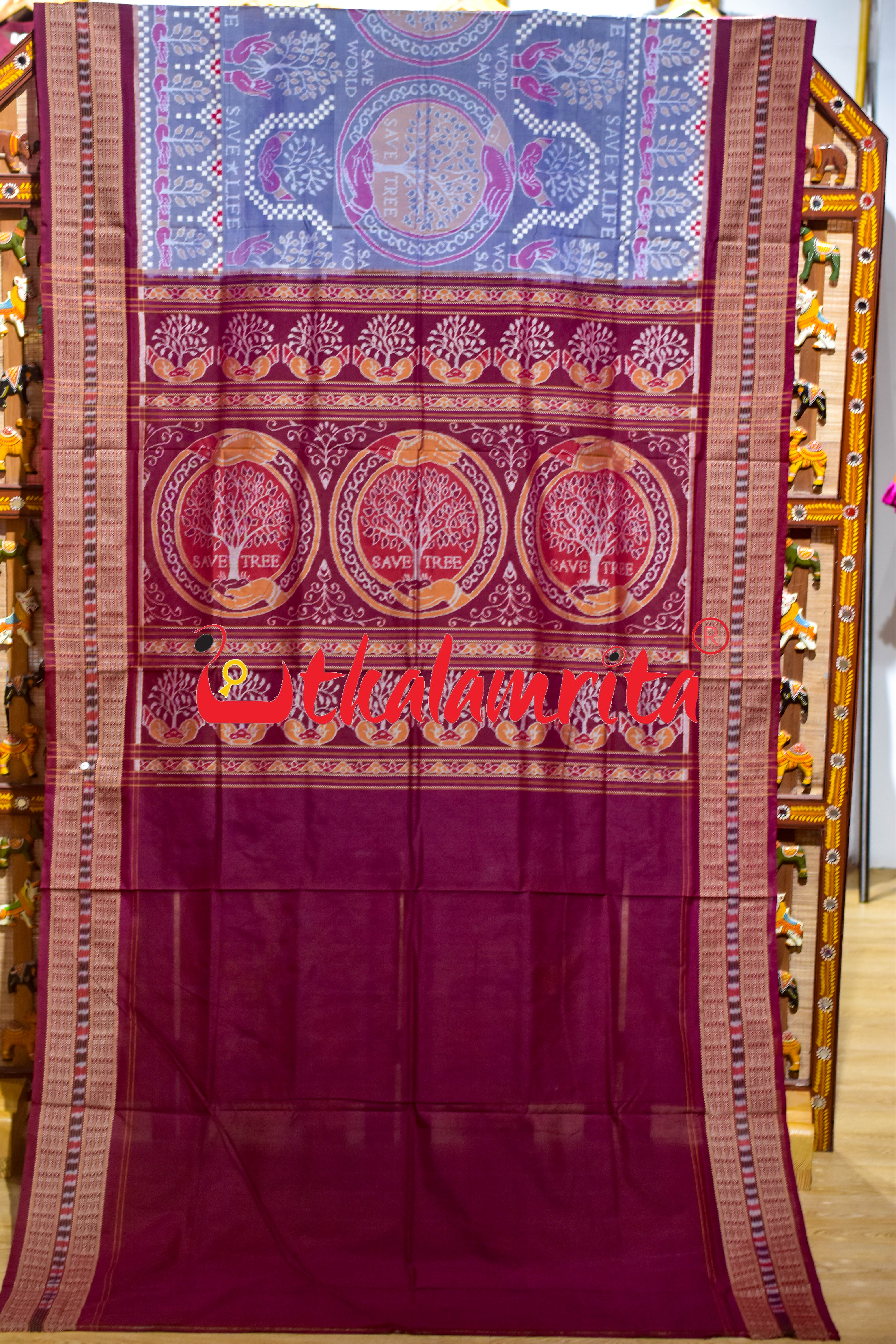 Save Tree Save World Theme Grey Sambalpuri Cotton Saree