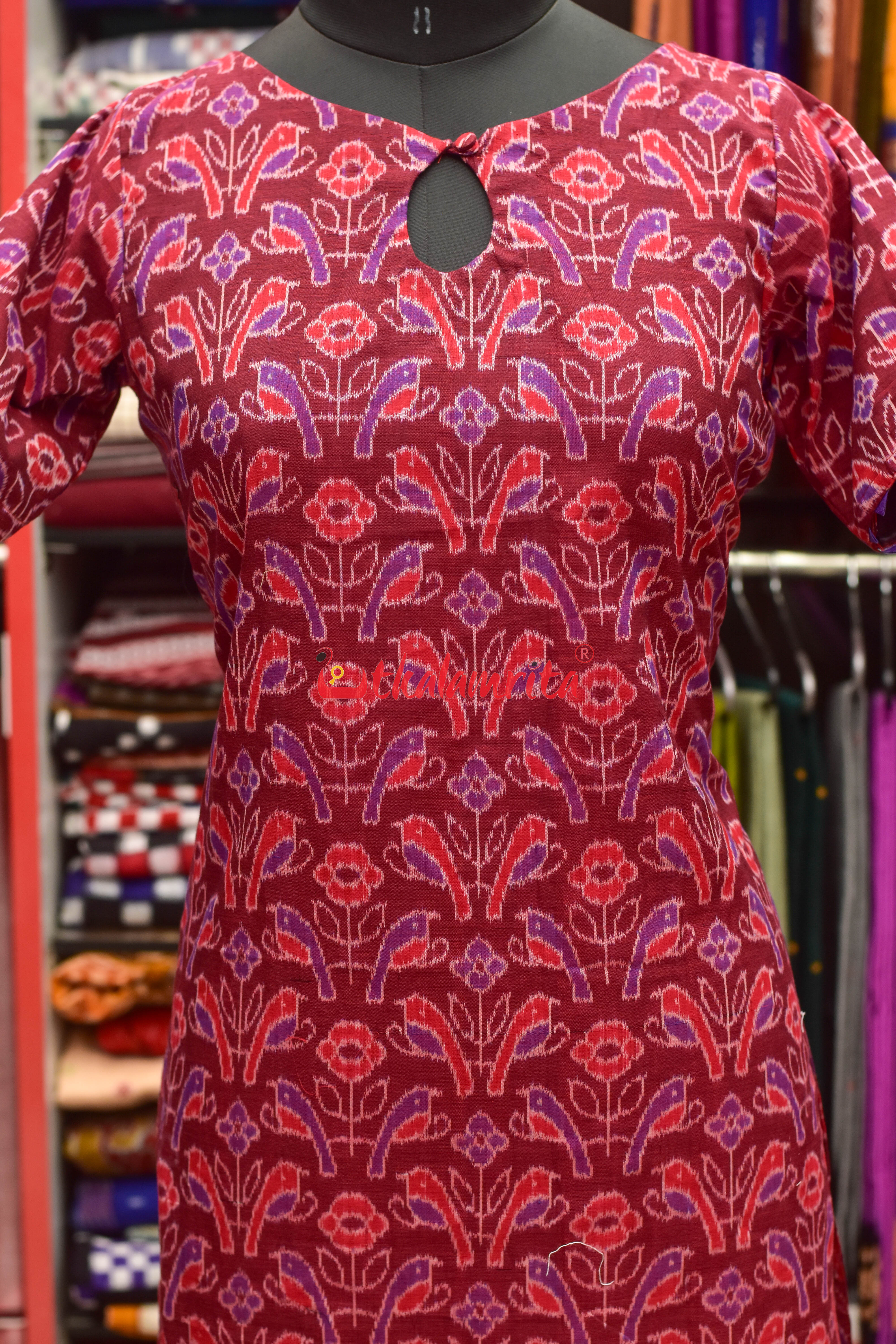 Red Birds On Maroon (Ladie's Kurta)