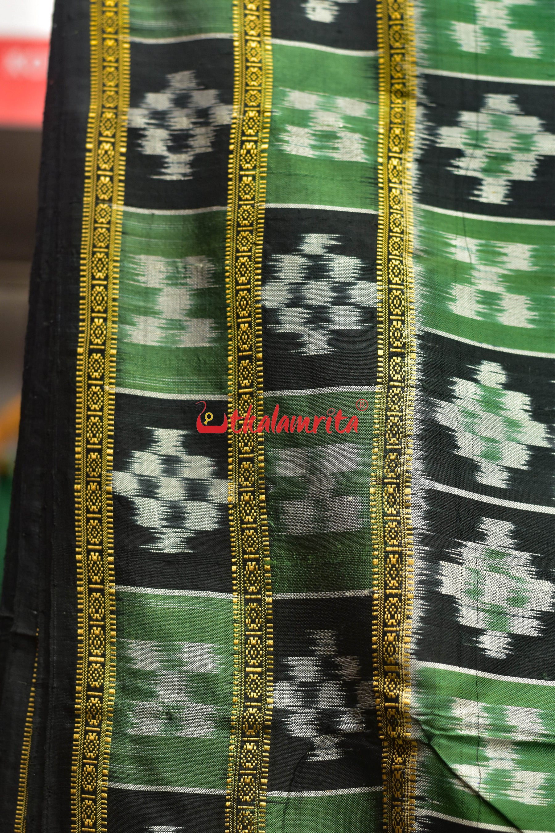 Green Black Flower Bandha Khandua Silk Saree