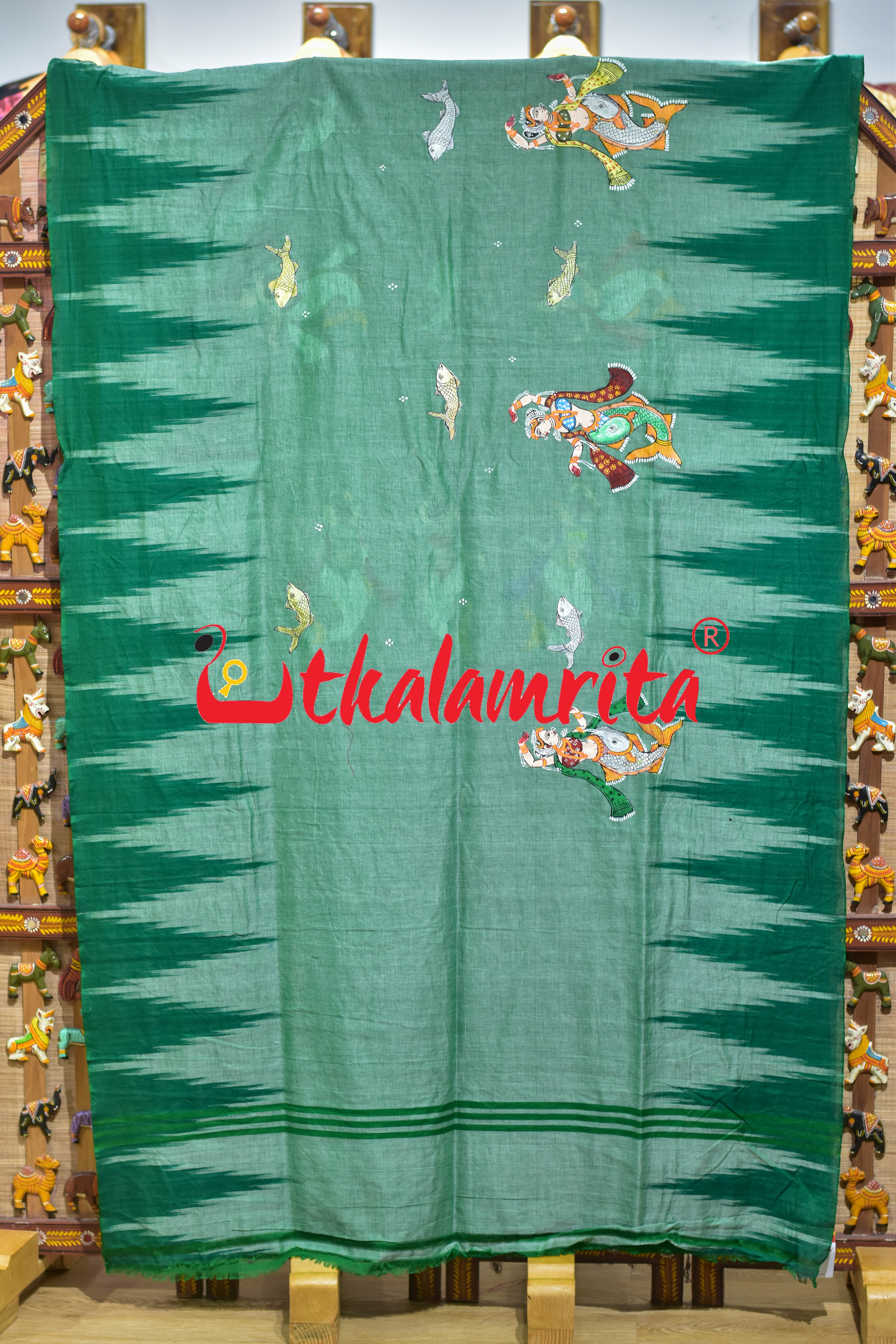 Green Kargil Maschya Kanya Pattachitra Cotton Saree