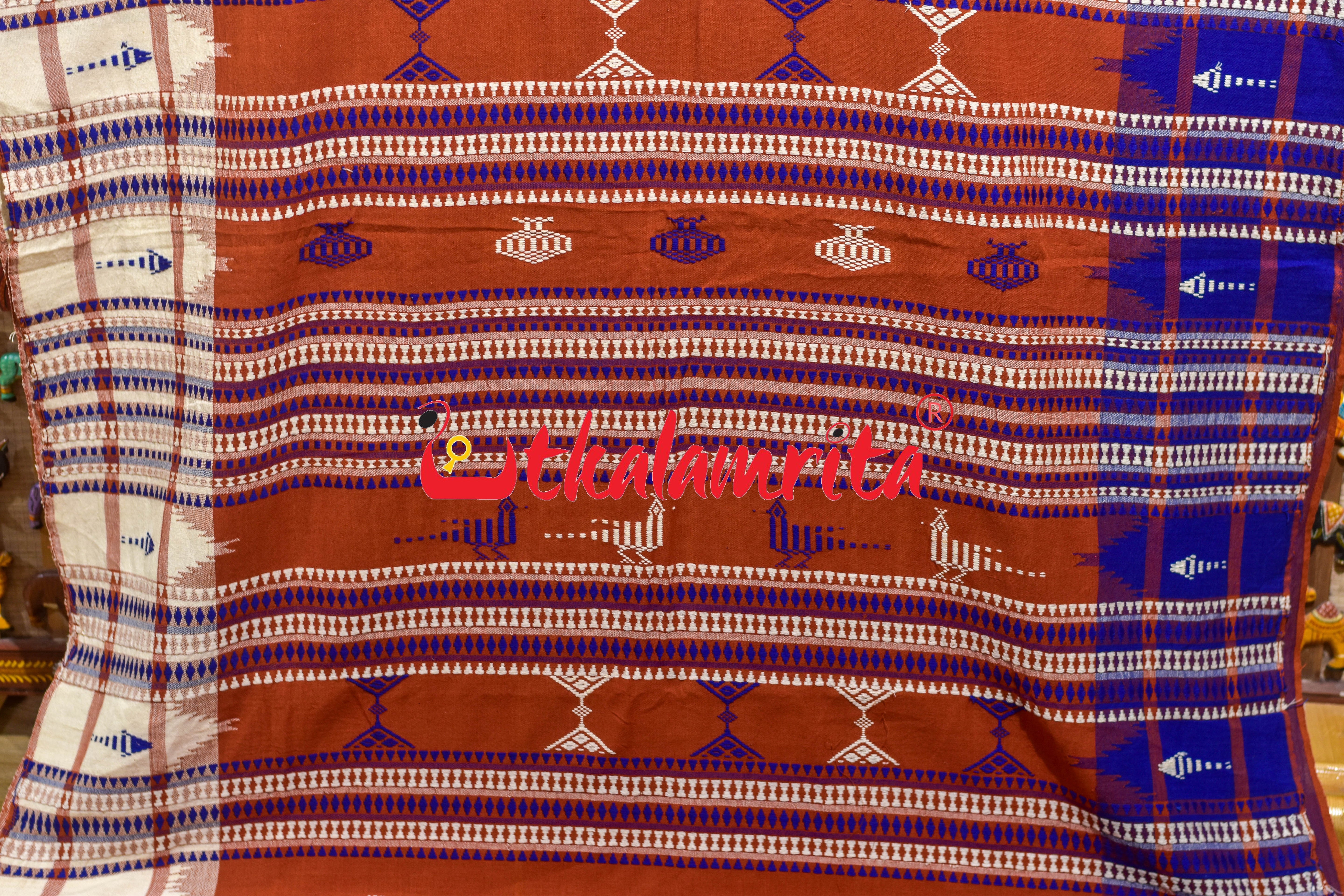 Rust Body Blue Adibasi Double Border Kotpad Cotton Saree