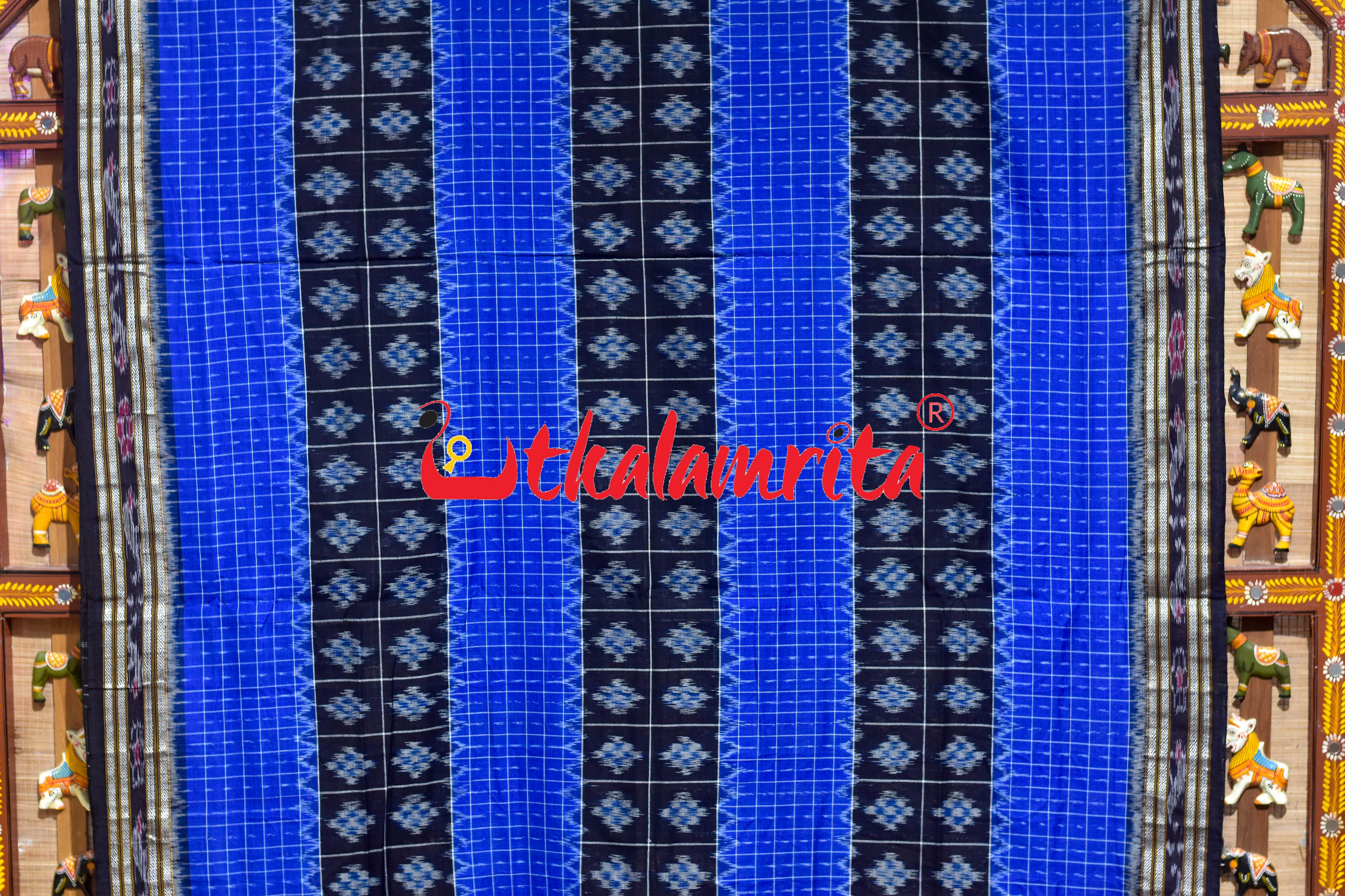 Blue Checks Black Middle Pasapali Khandua Cotton Saree