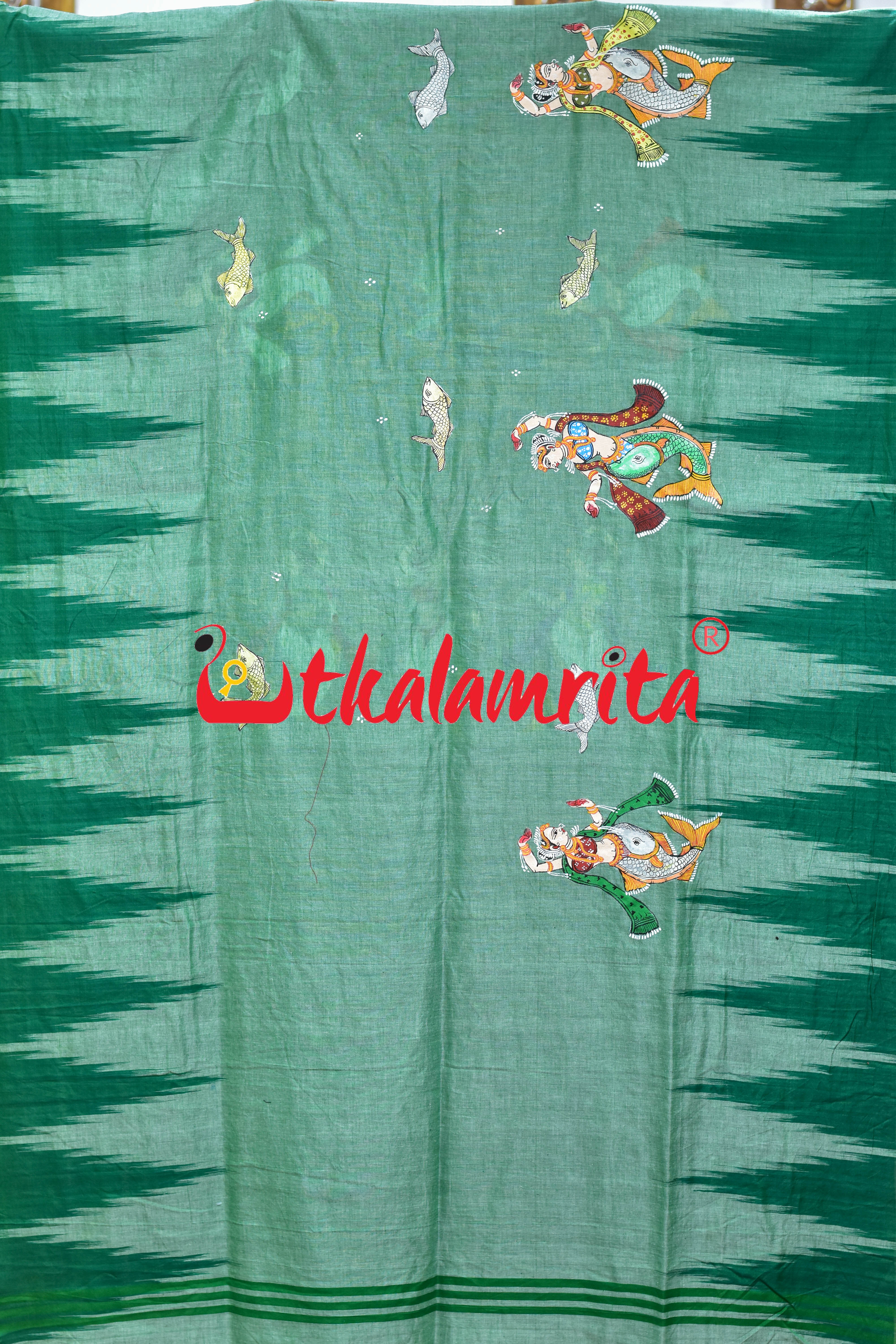 Green Kargil Maschya Kanya Pattachitra Cotton Saree