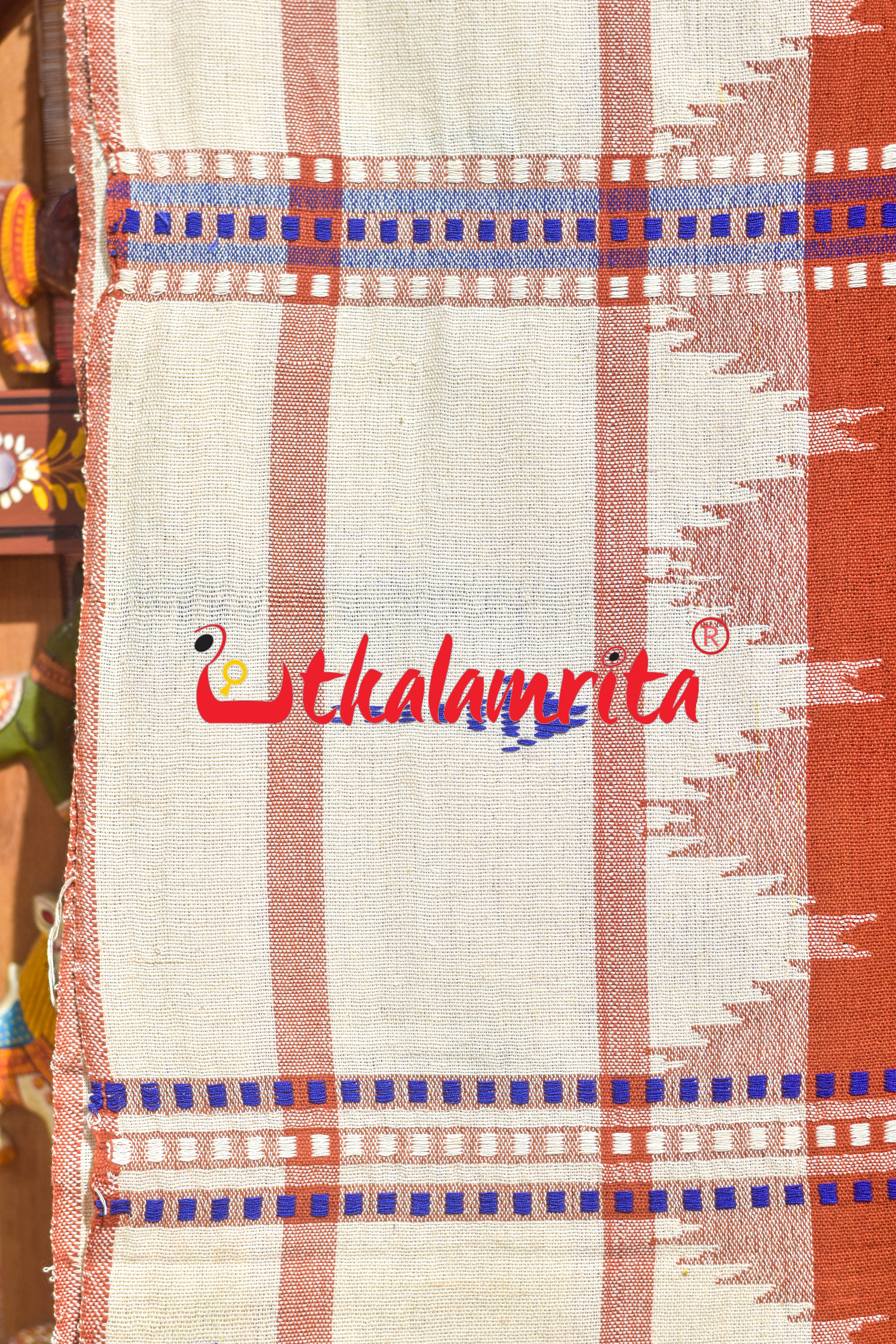 Rust Body Blue Adibasi Double Border Kotpad Cotton Saree