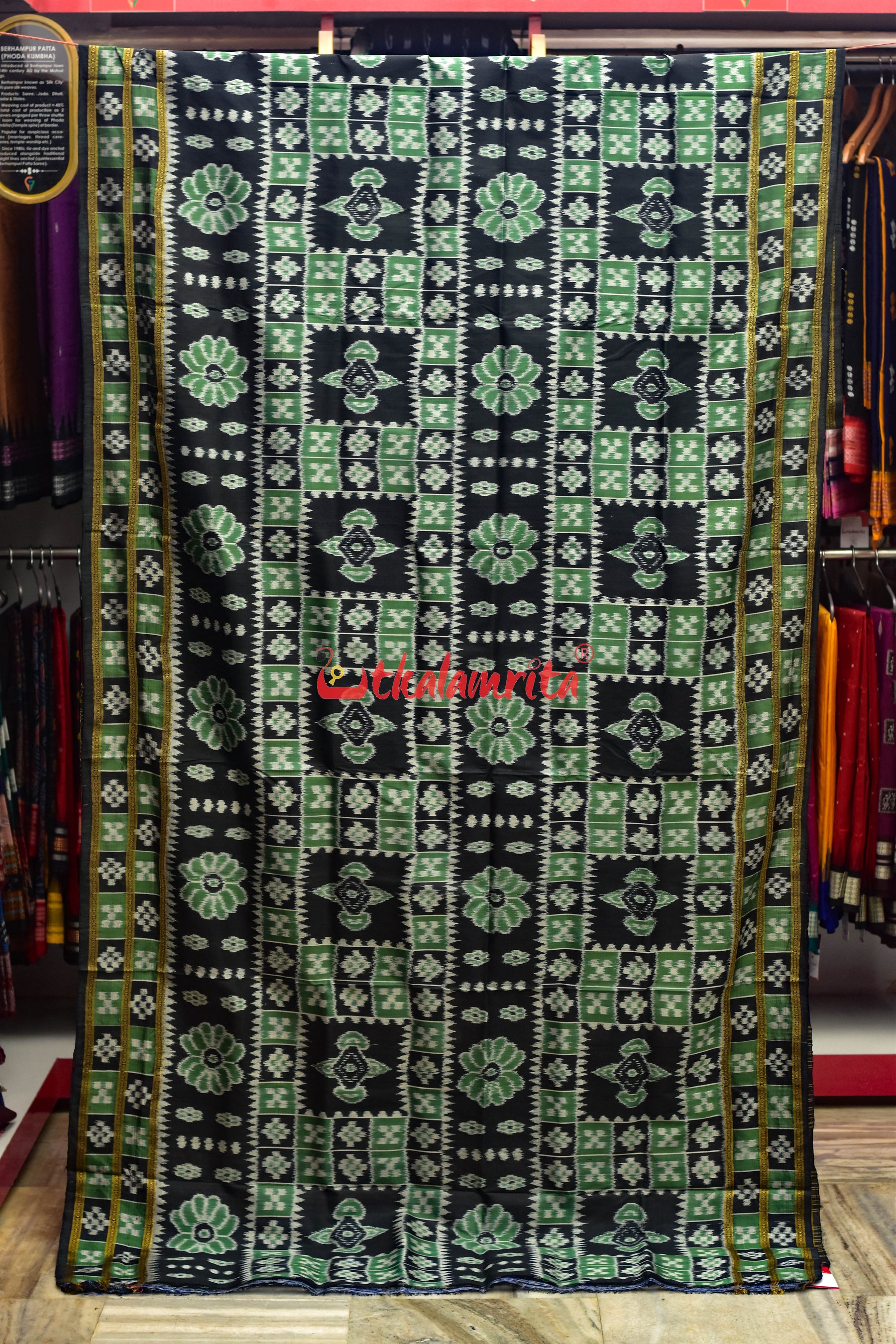 Green Black Flower Bandha Khandua Silk Saree