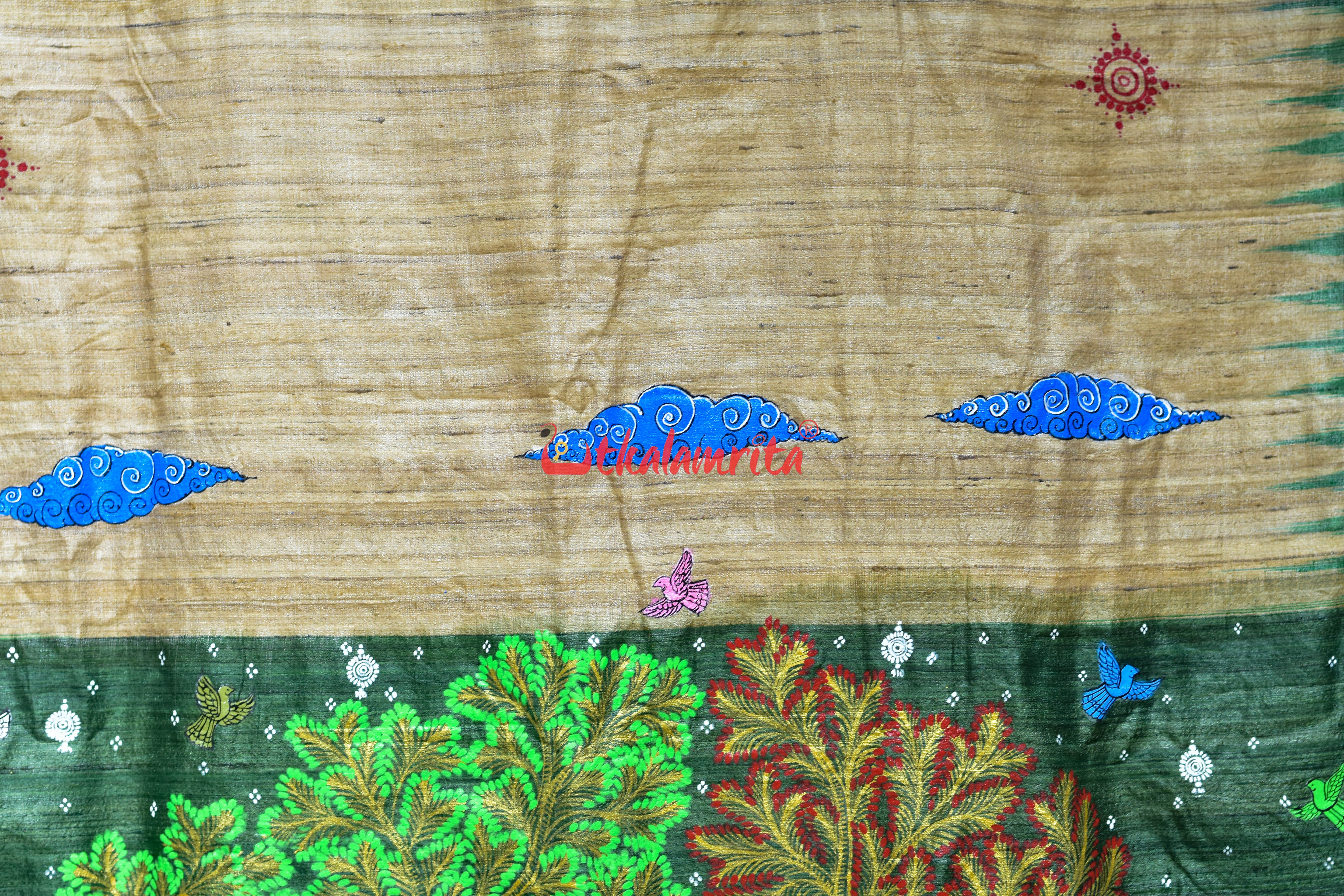 Gopalpur Tussar Beige Green Nauka Paar Pattachitra Silk Saree