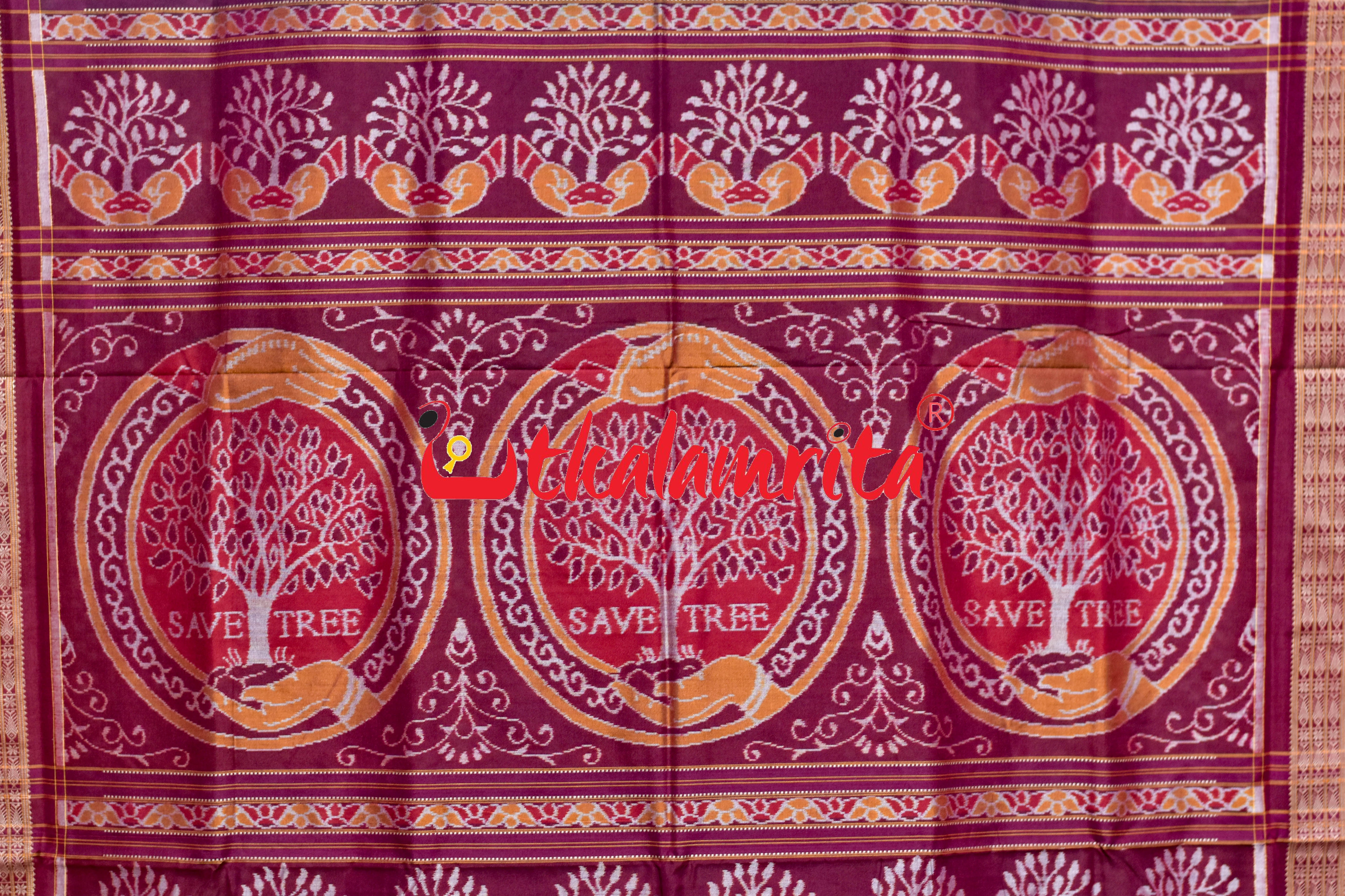 Save Tree Save World Theme Grey Sambalpuri Cotton Saree