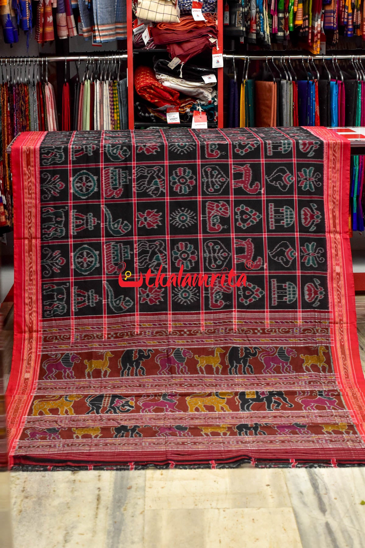 Black Red and Green Combo Nabakothi Cotton Saree