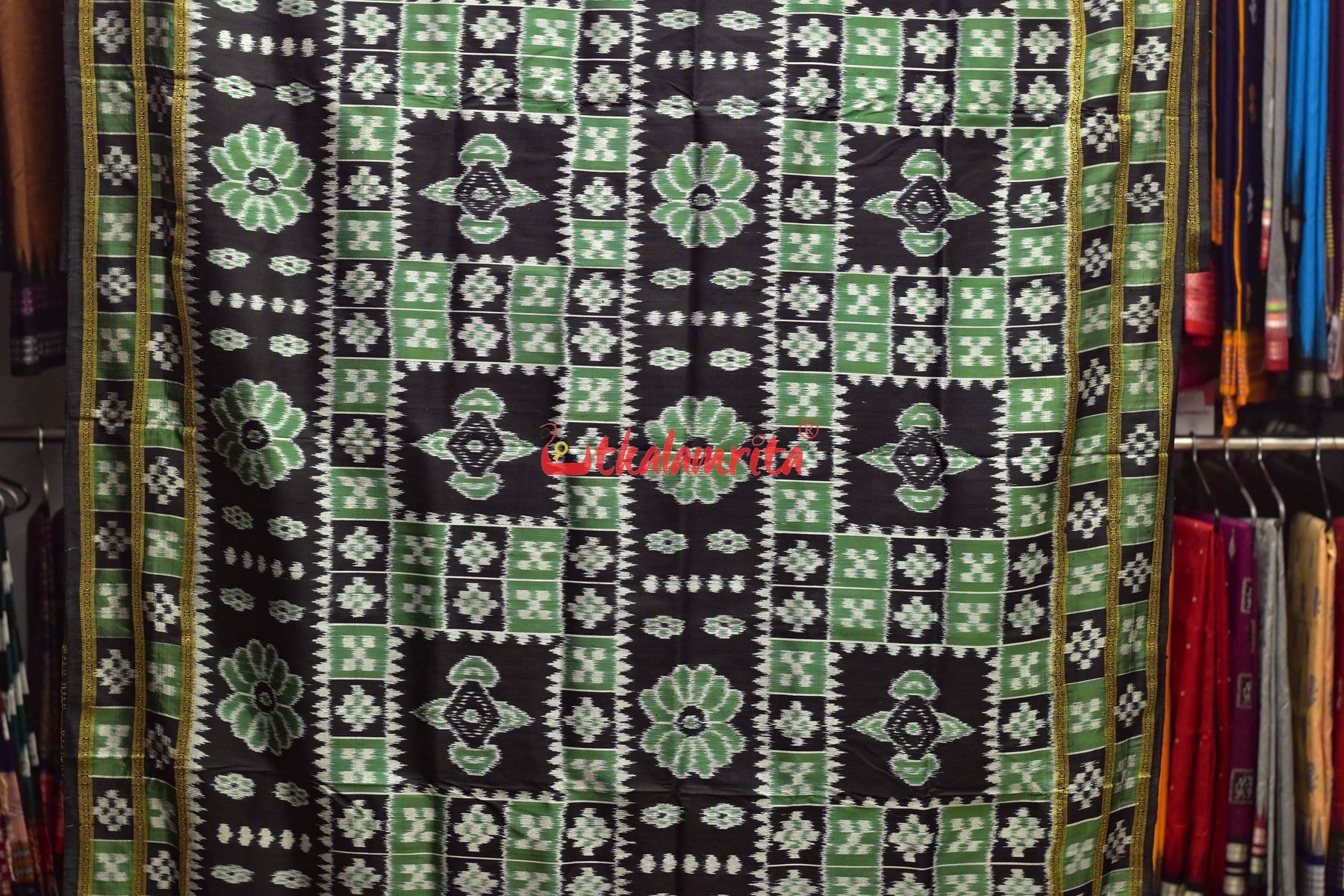 Green Black Flower Bandha Khandua Silk Saree