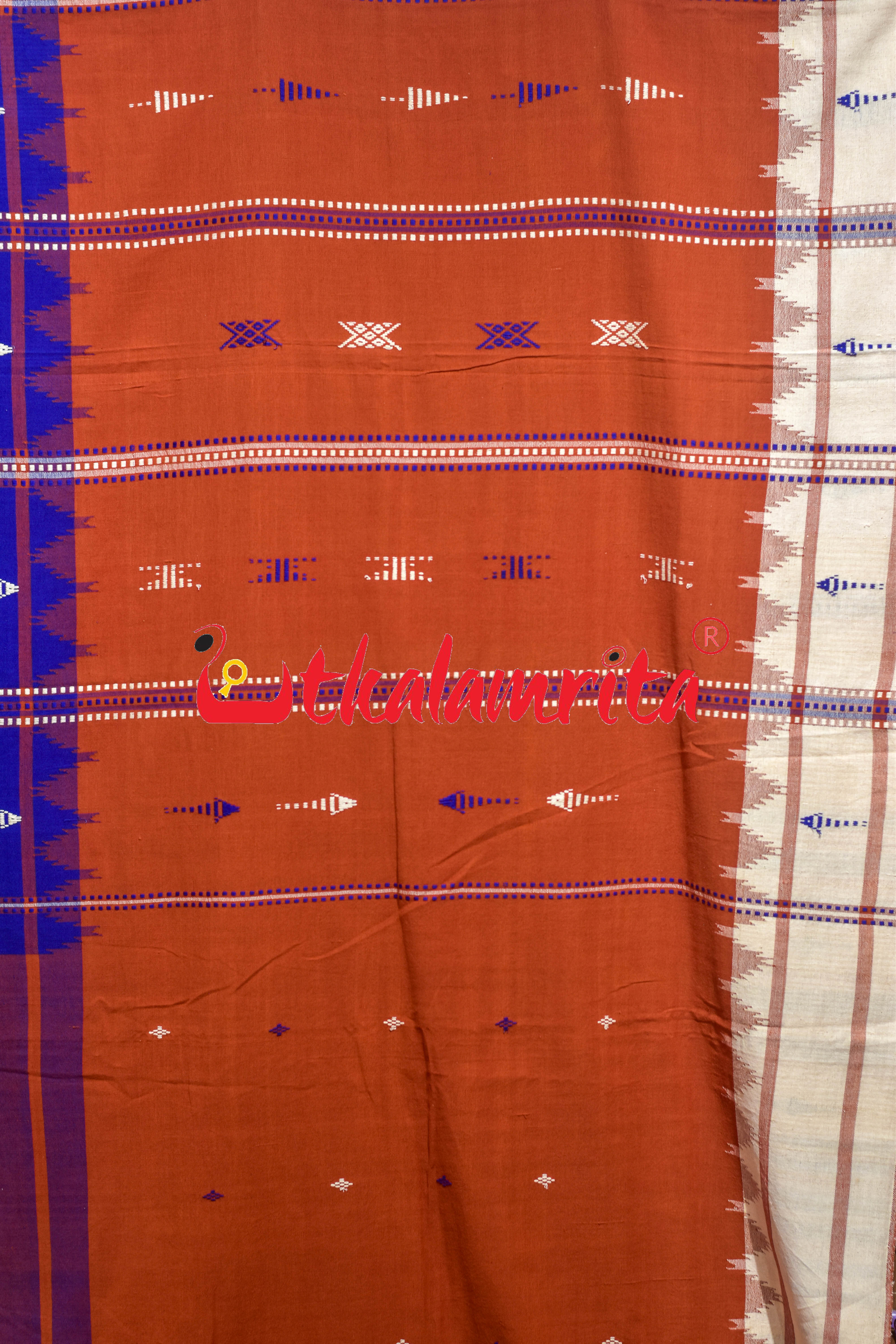 Rust Body Blue Adibasi Double Border Kotpad Cotton Saree