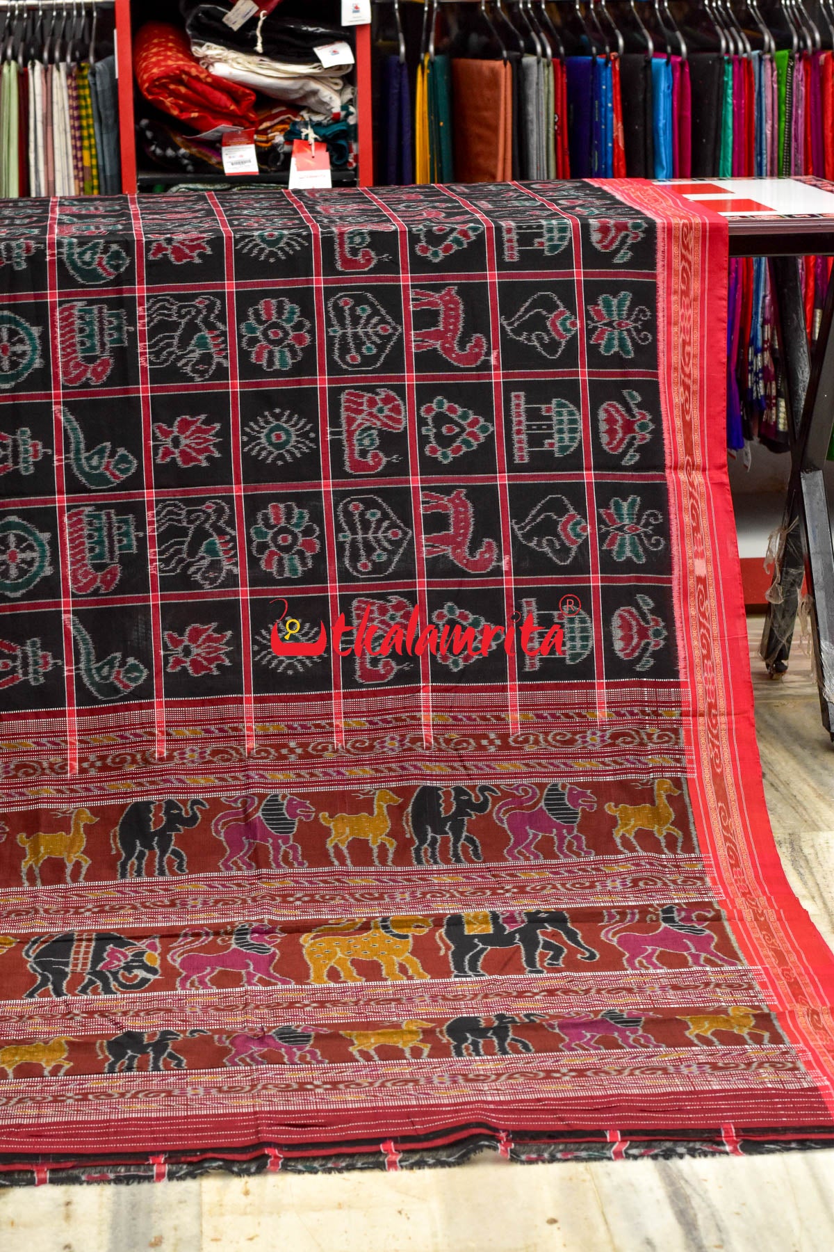Black Red and Green Combo Nabakothi Cotton Saree