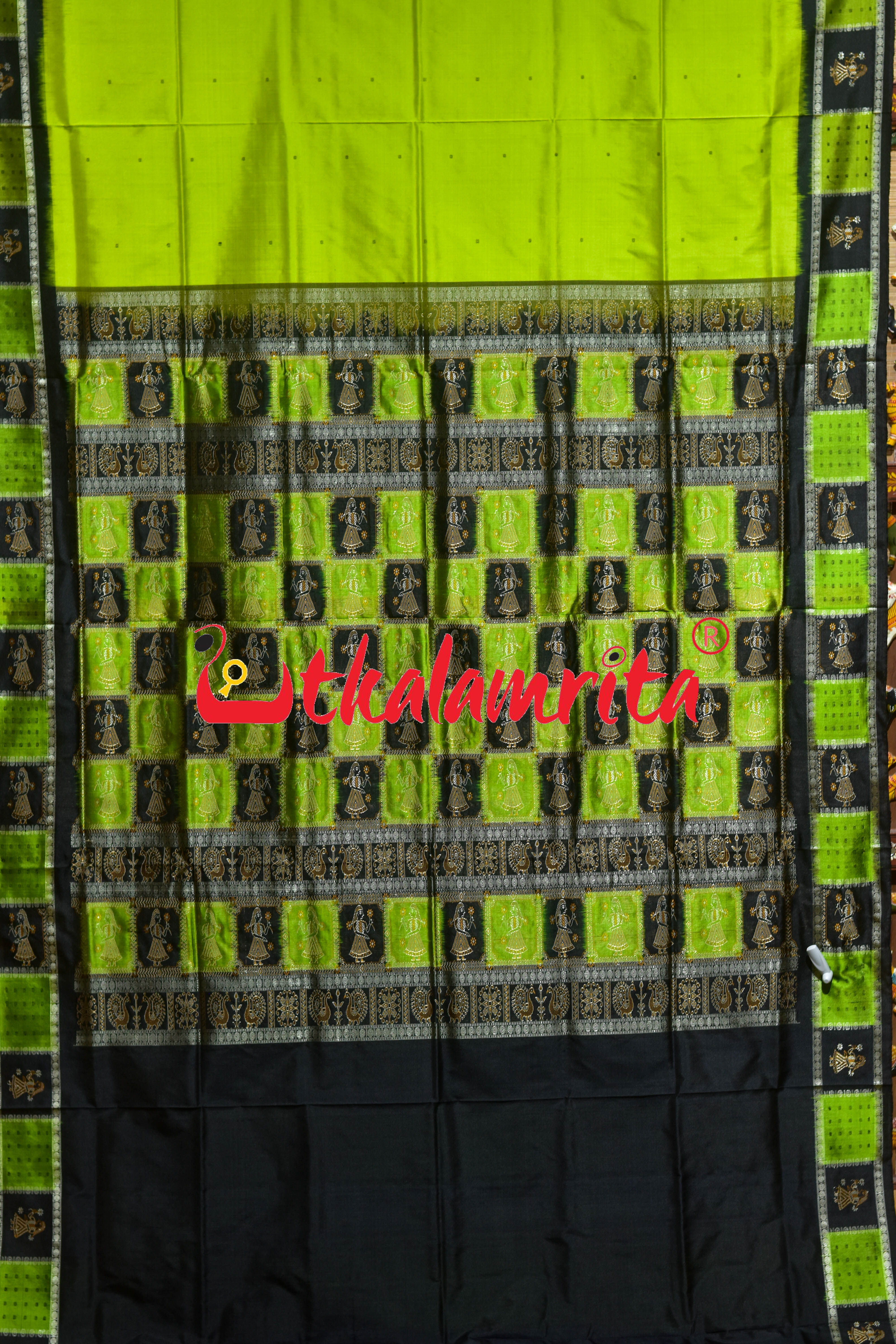 Fluorescent Green Black Doll Border Bomkai Silk Saree