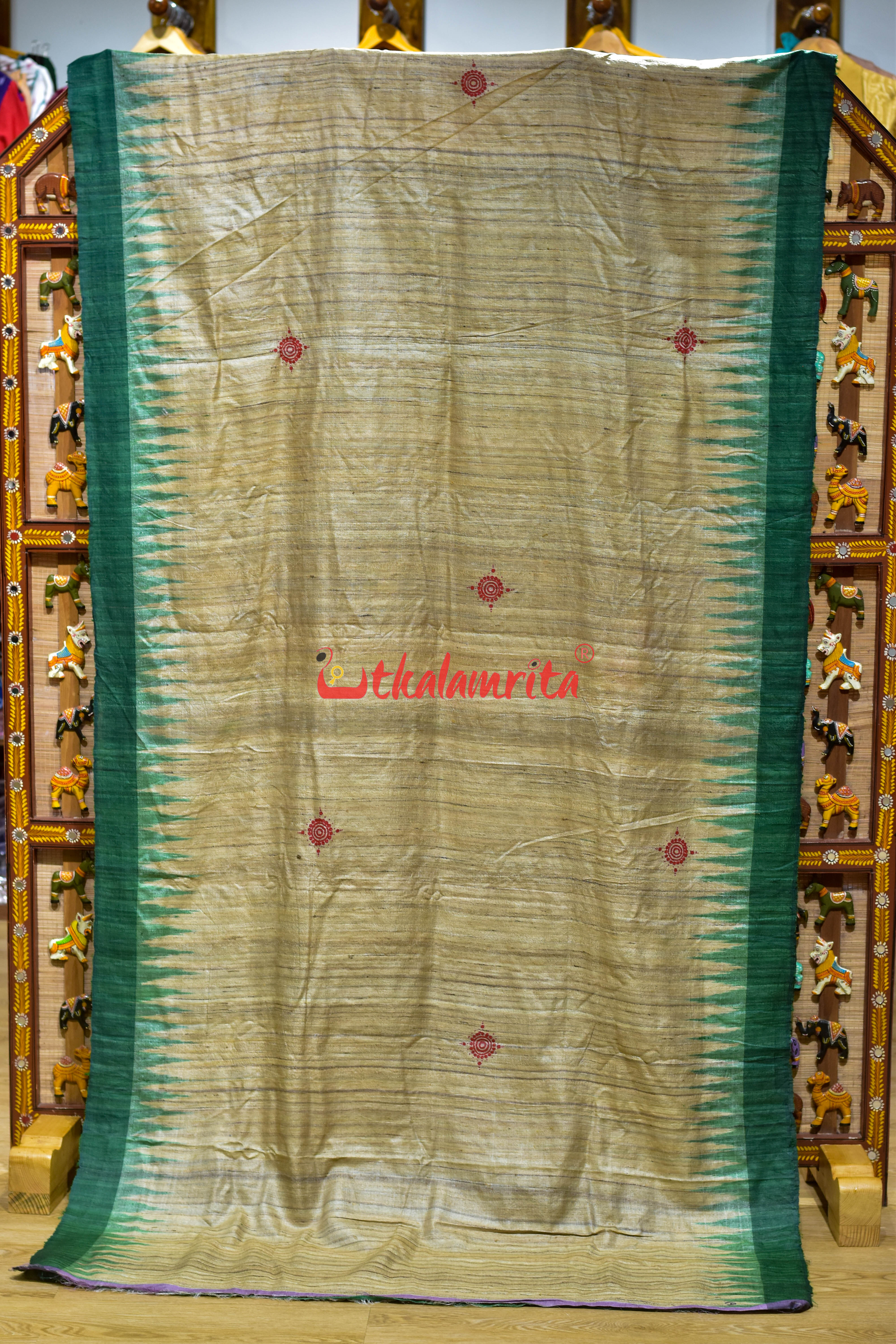 Gopalpur Tussar Beige Green Nauka Paar Pattachitra Silk Saree