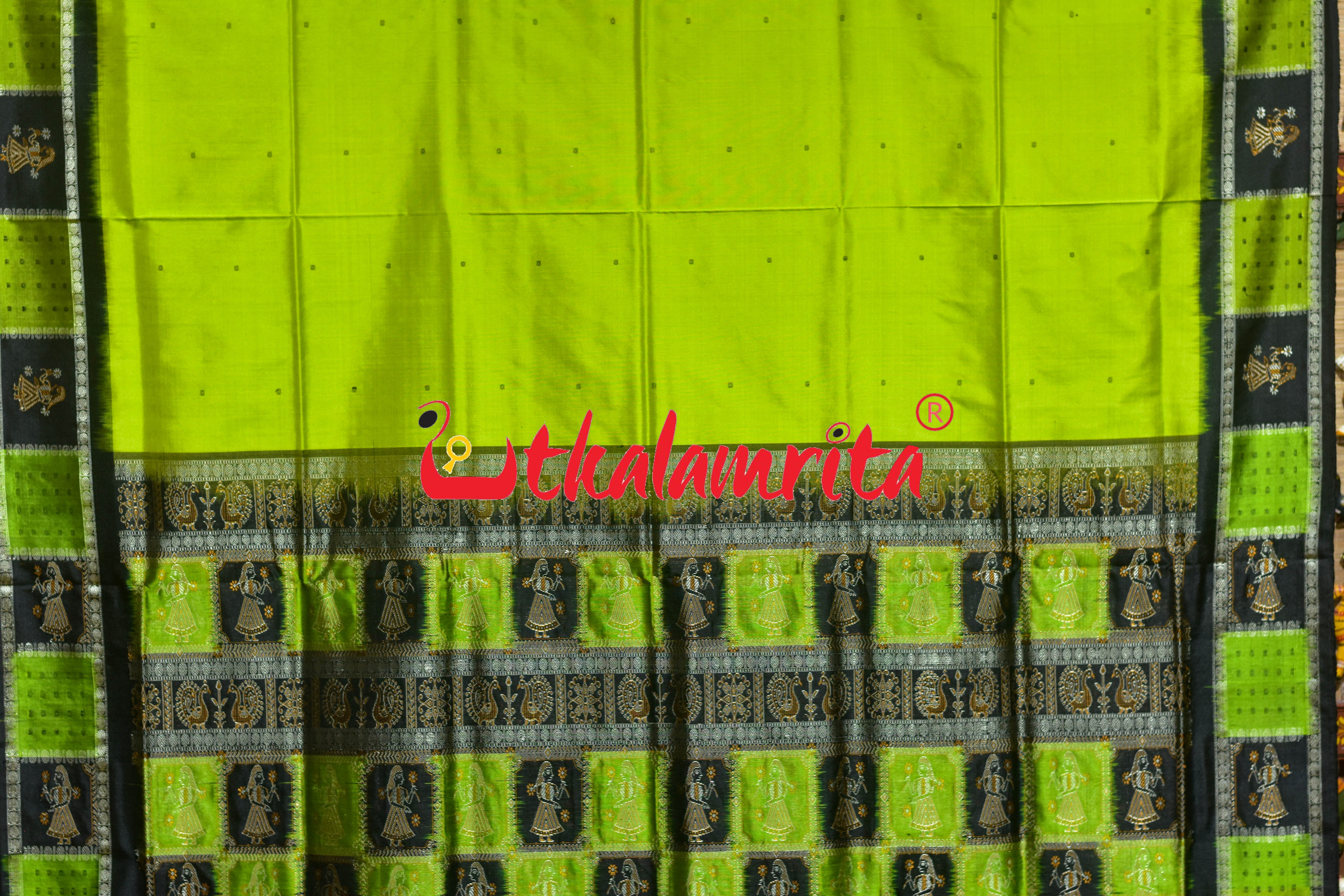 Fluorescent Green Black Doll Border Bomkai Silk Saree