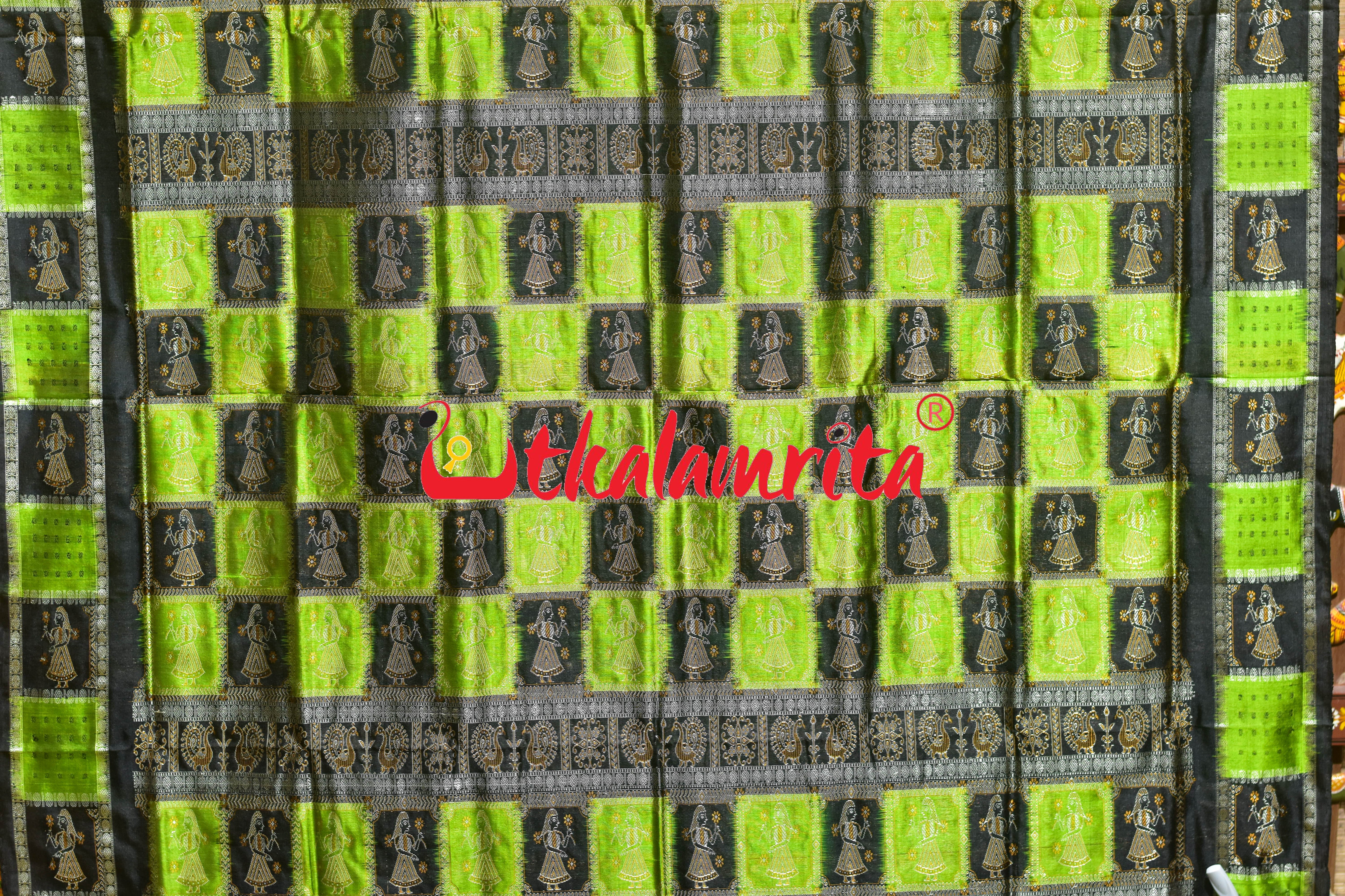 Fluorescent Green Black Doll Border Bomkai Silk Saree