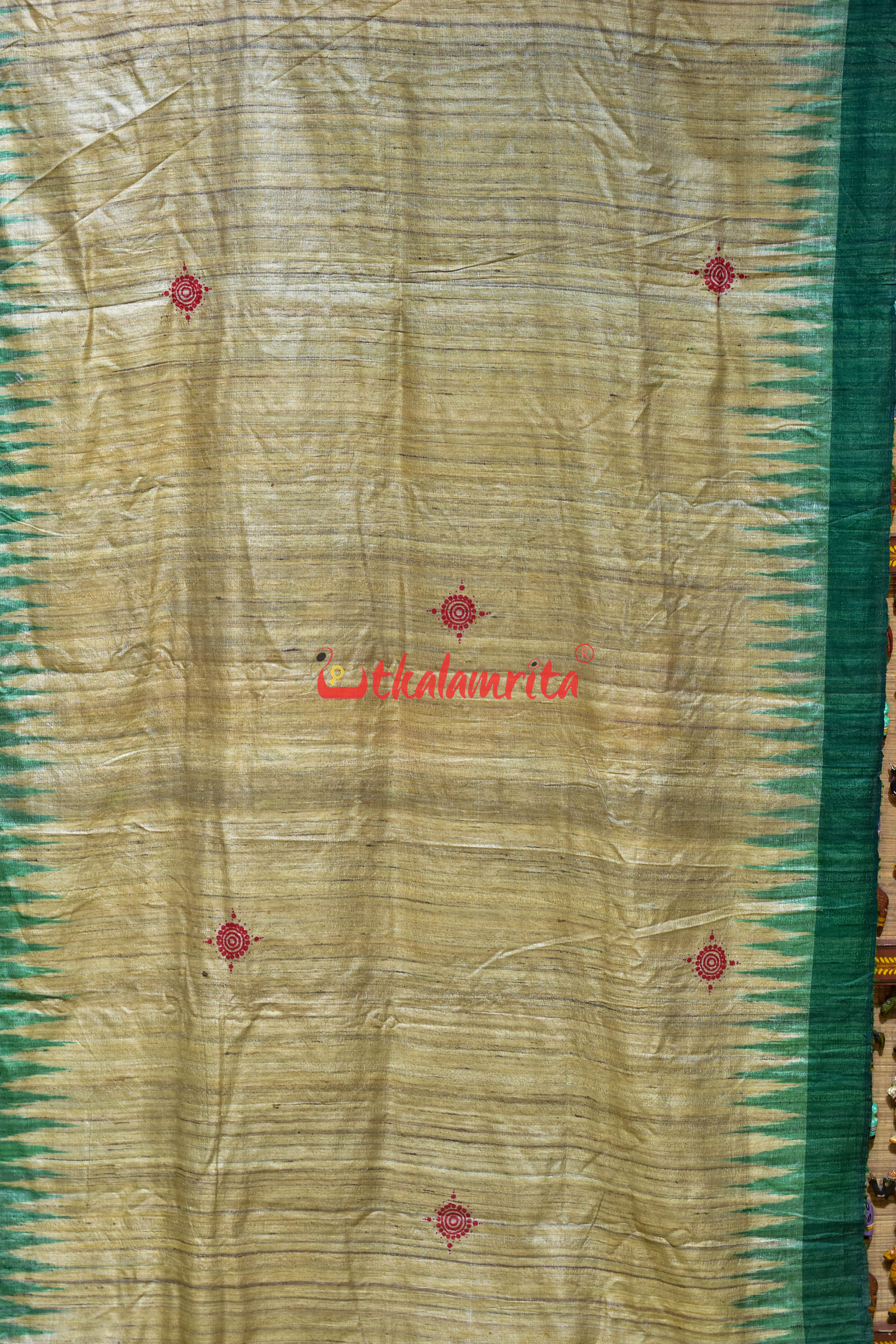 Gopalpur Tussar Beige Green Nauka Paar Pattachitra Silk Saree
