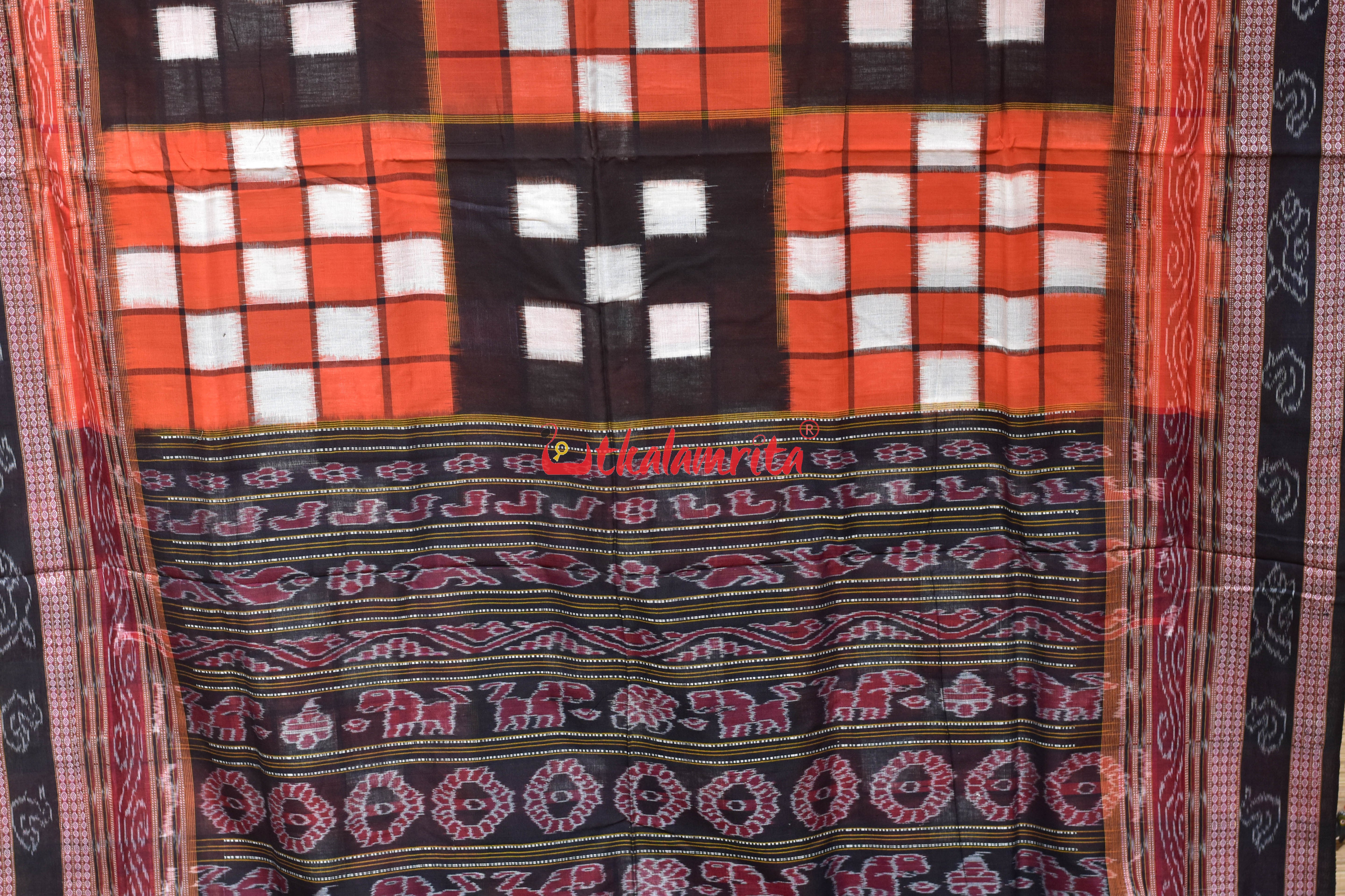Orange Black Bichitrapuri Cotton Saree