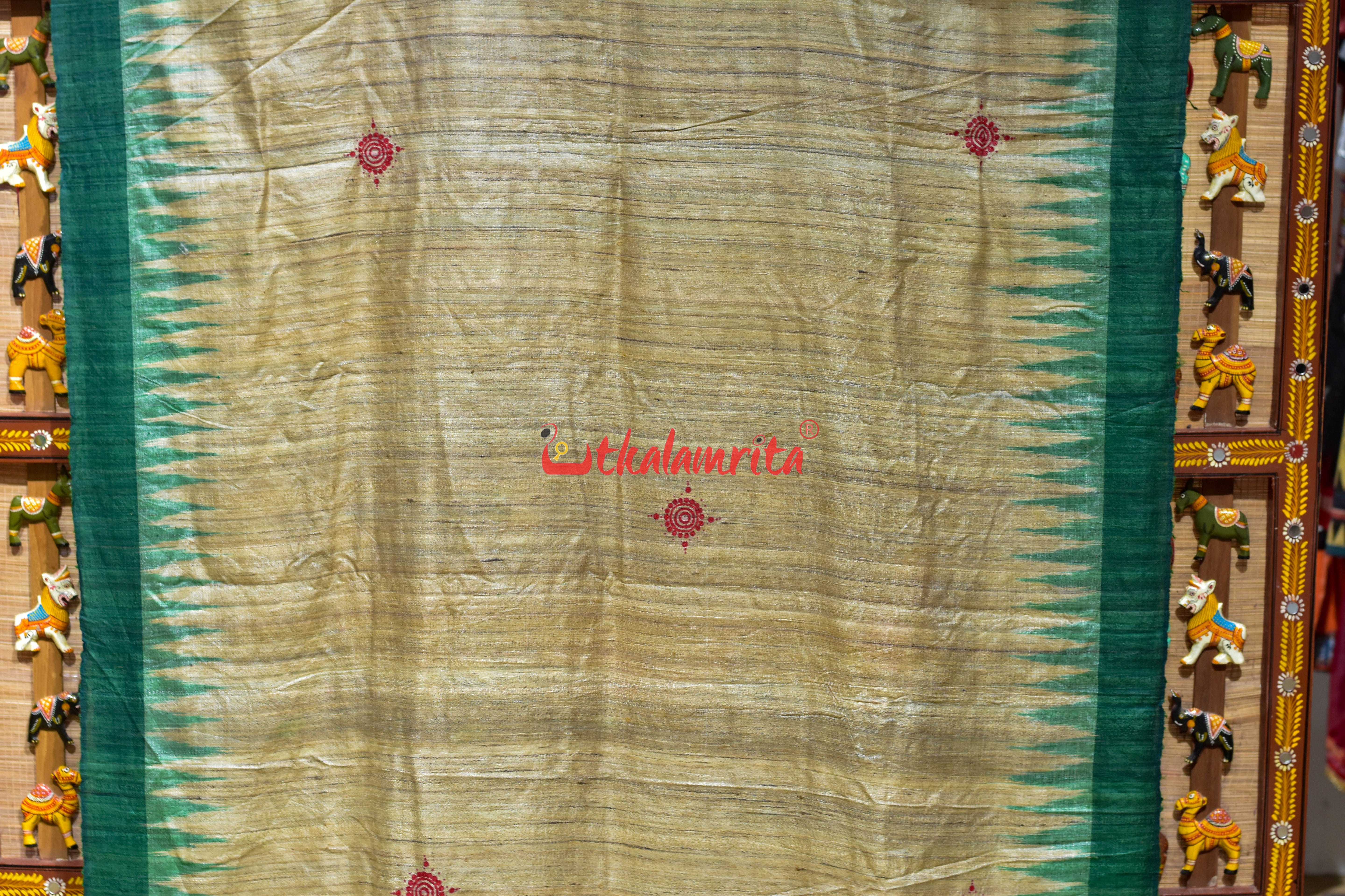 Gopalpur Tussar Beige Green Nauka Paar Pattachitra Silk Saree