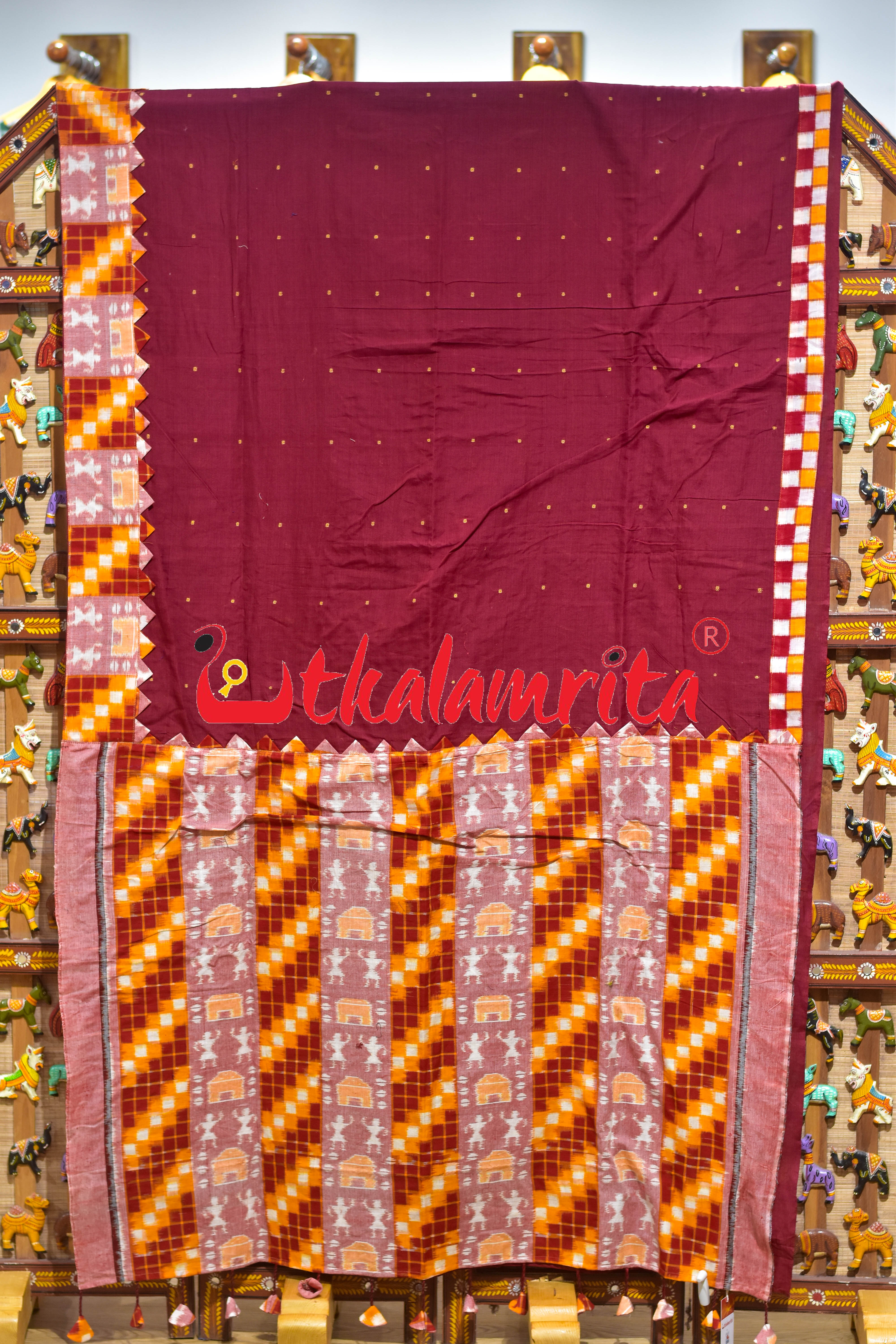 Maroon with Yellow Peach Tribals Designer Cotton Saree