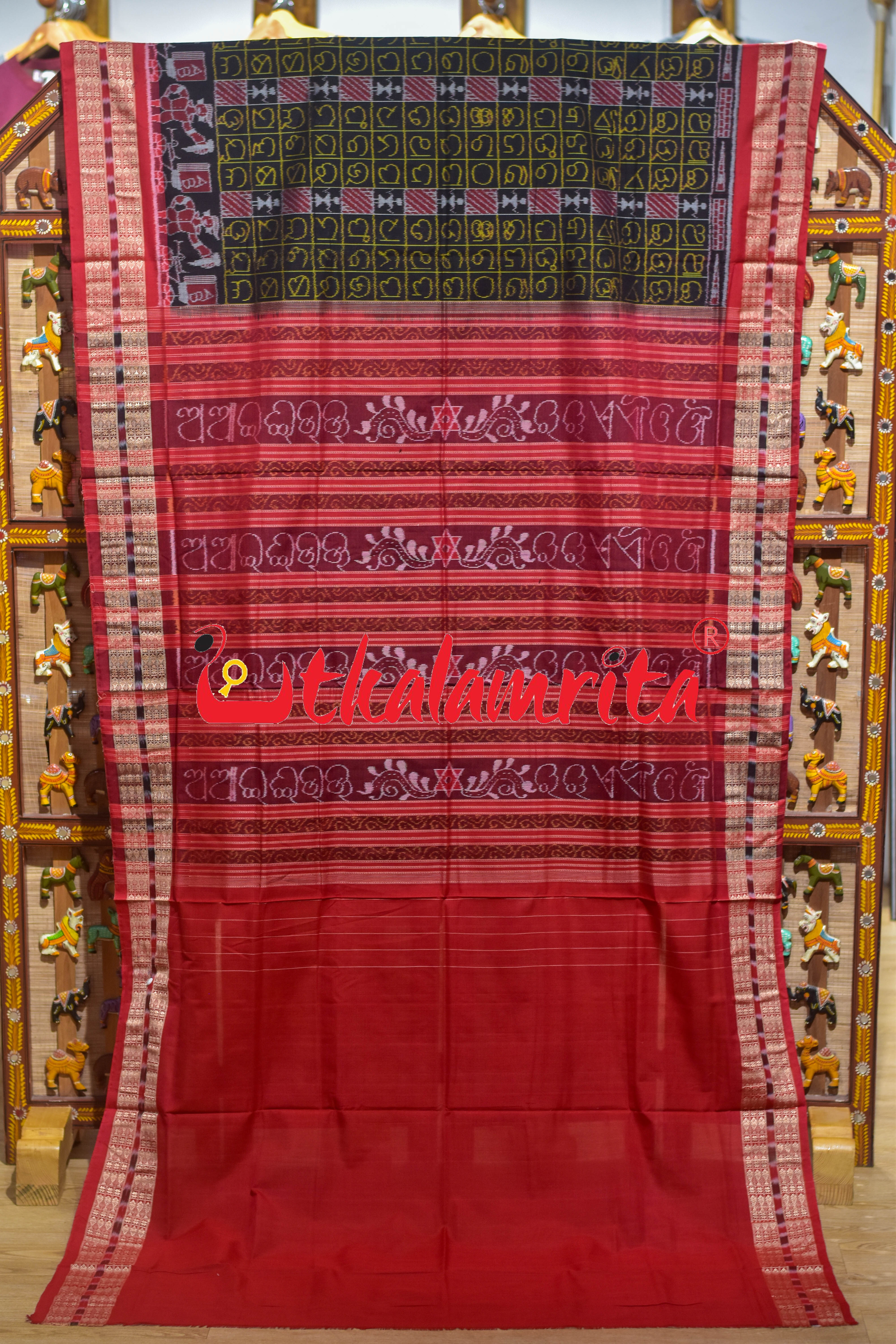 Black Red Odia Alphabets Doll Bandha Sambalpuri Cotton Saree