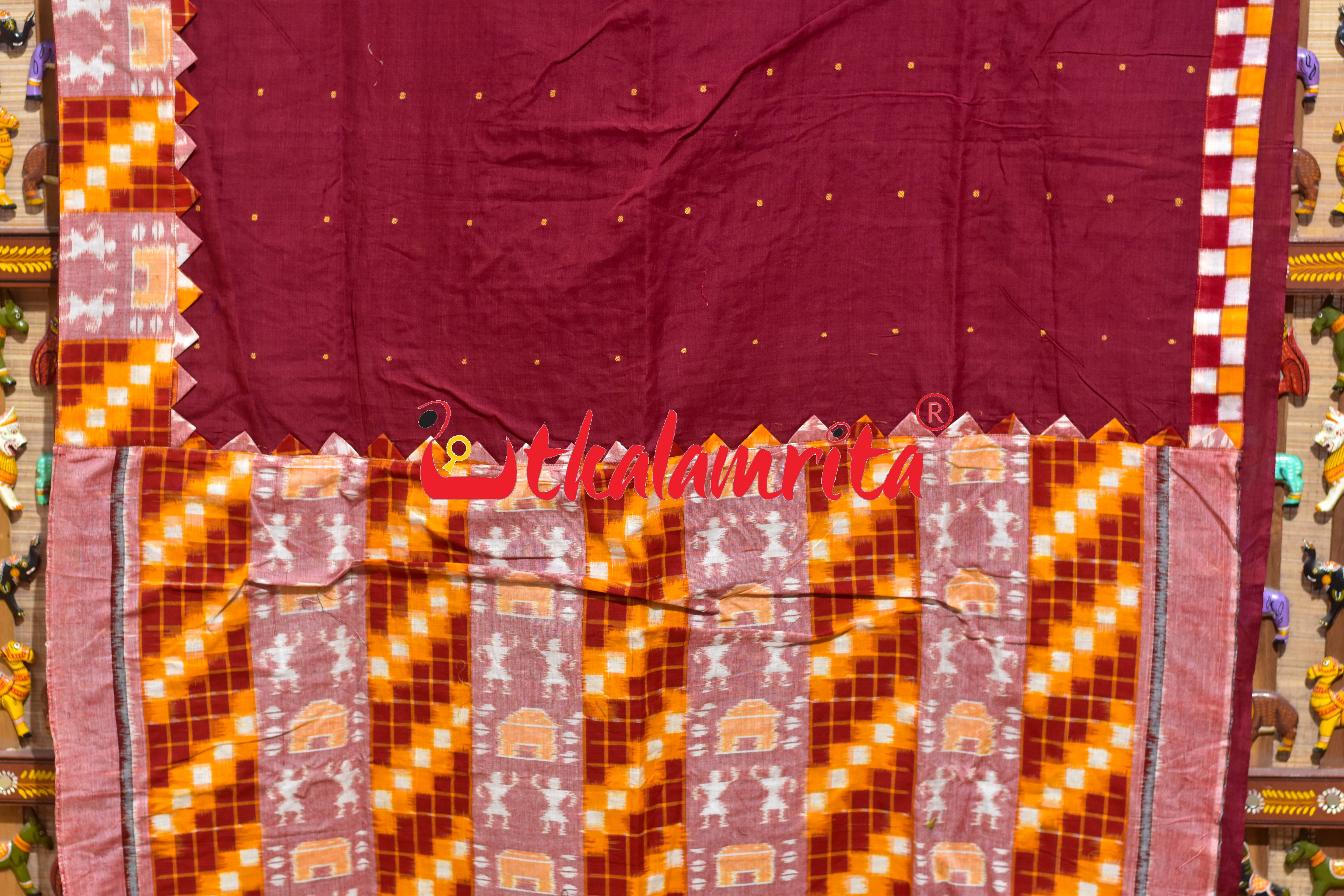 Maroon with Yellow Peach Tribals Designer Cotton Saree
