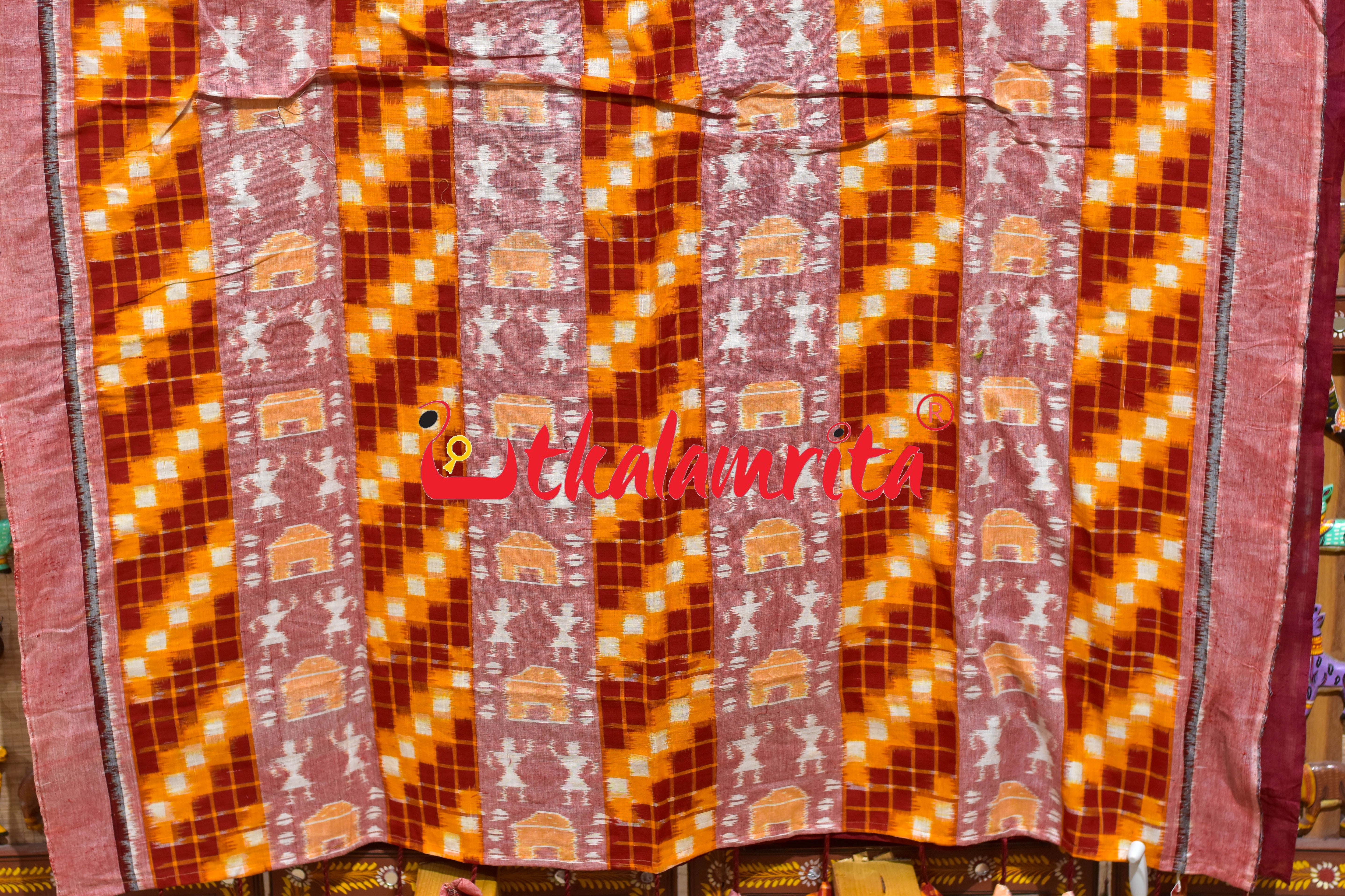 Maroon with Yellow Peach Tribals Designer Cotton Saree