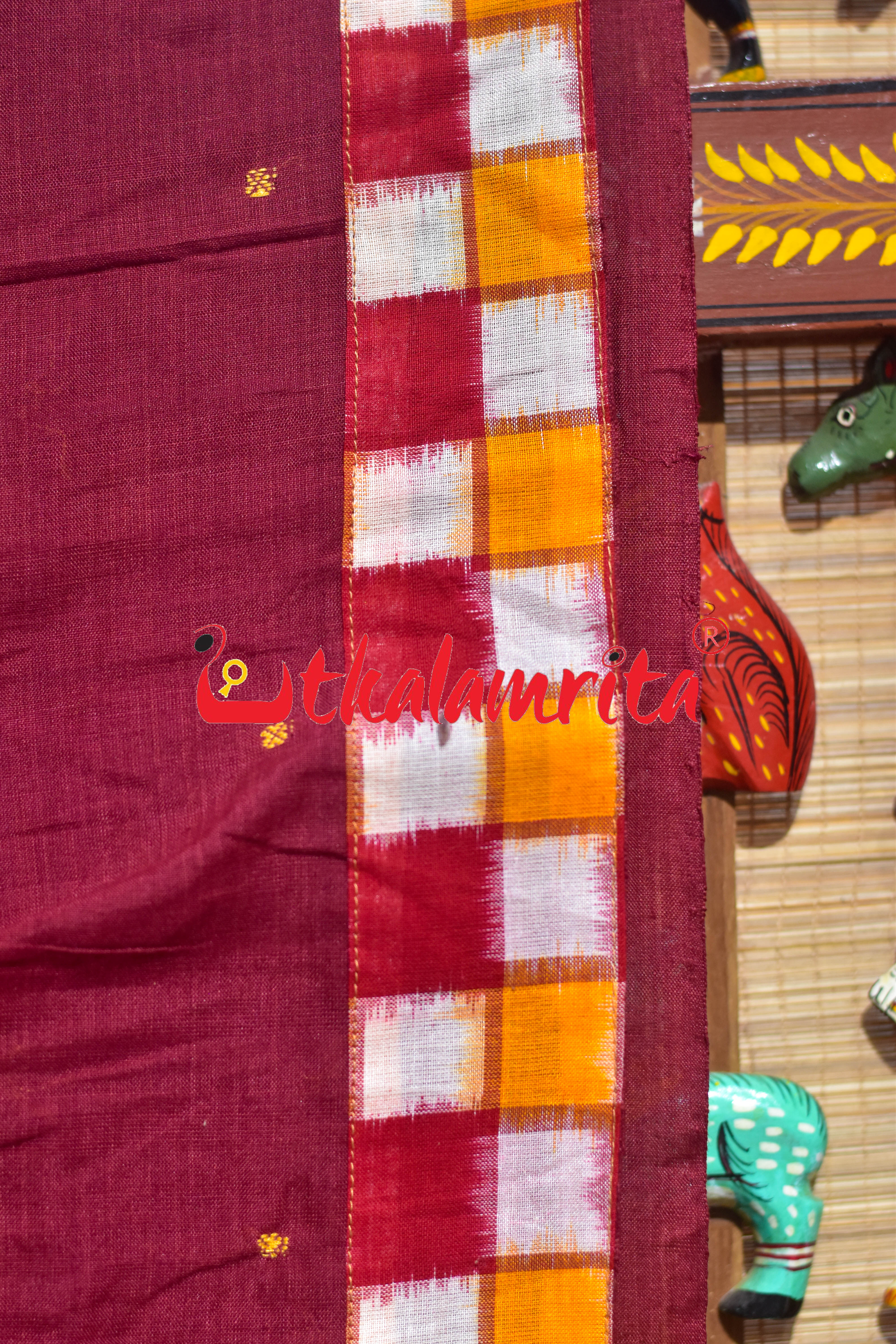 Maroon with Yellow Peach Tribals Designer Cotton Saree