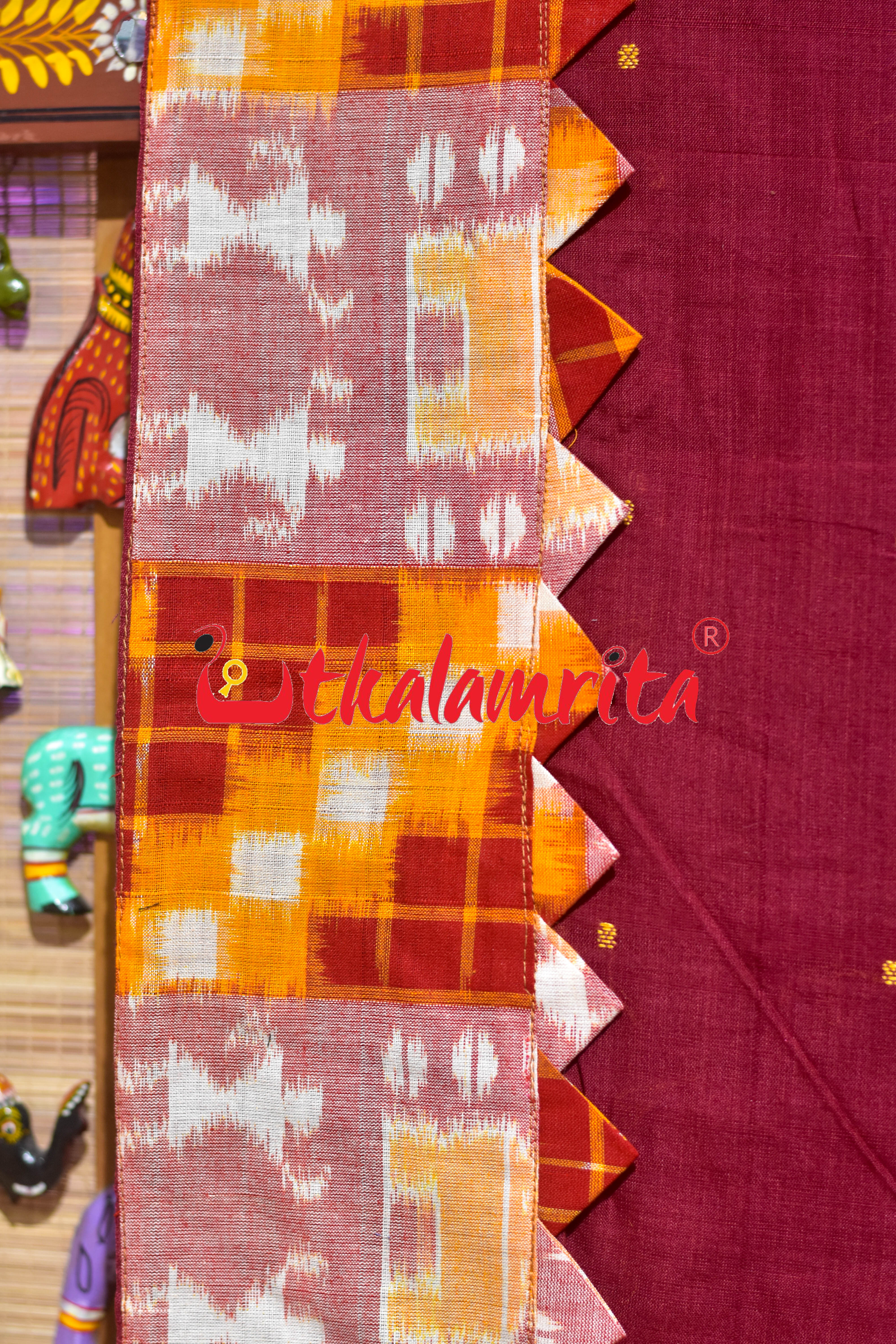 Maroon with Yellow Peach Tribals Designer Cotton Saree