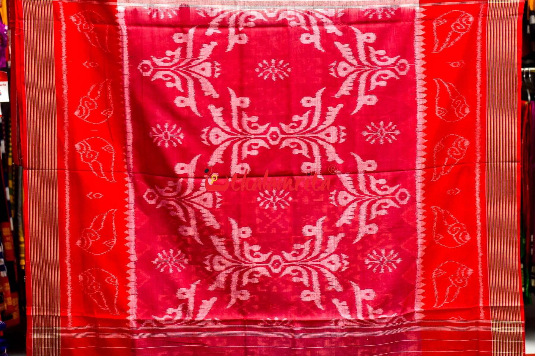 Light Blue Bandha Red Scot Khandua Cotton Saree