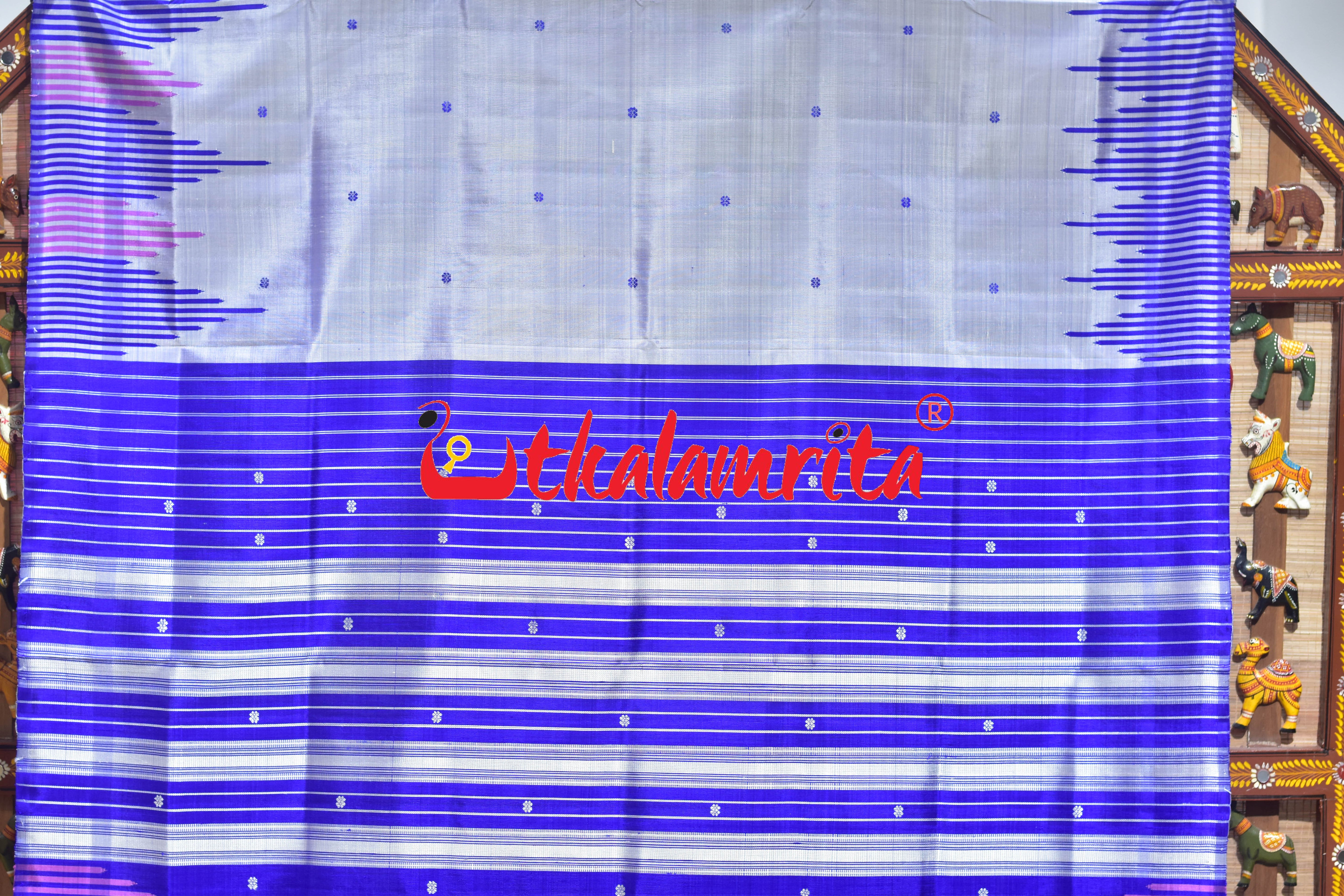 Steel Blue Multi Kumbha Double Anchal Berhampuri Silk Saree
