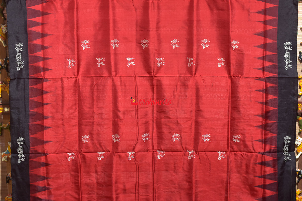 Red Black Sabari Tribal Bomkai Silk Saree