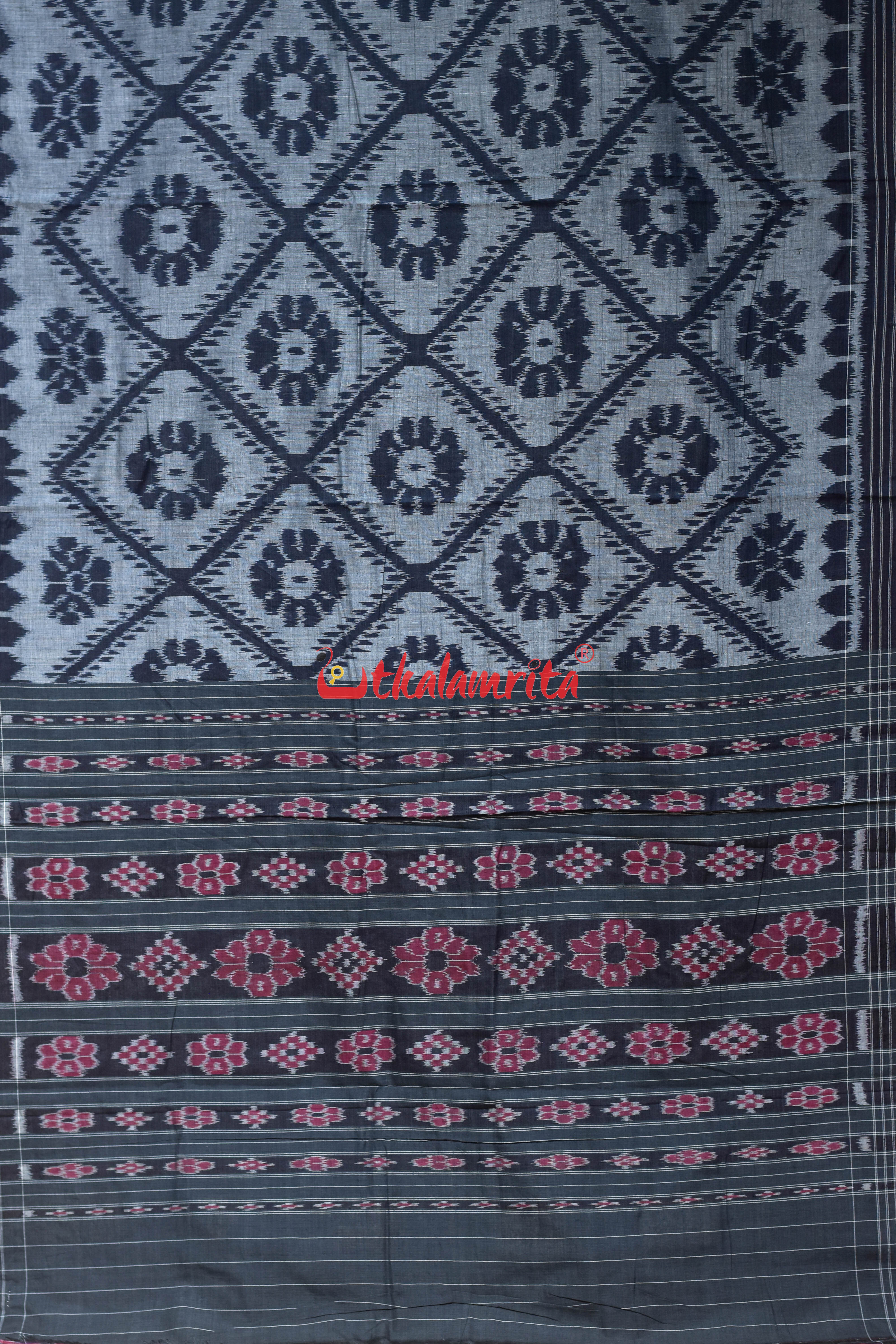 Grey Black Bada Phula Khandua Cotton Saree