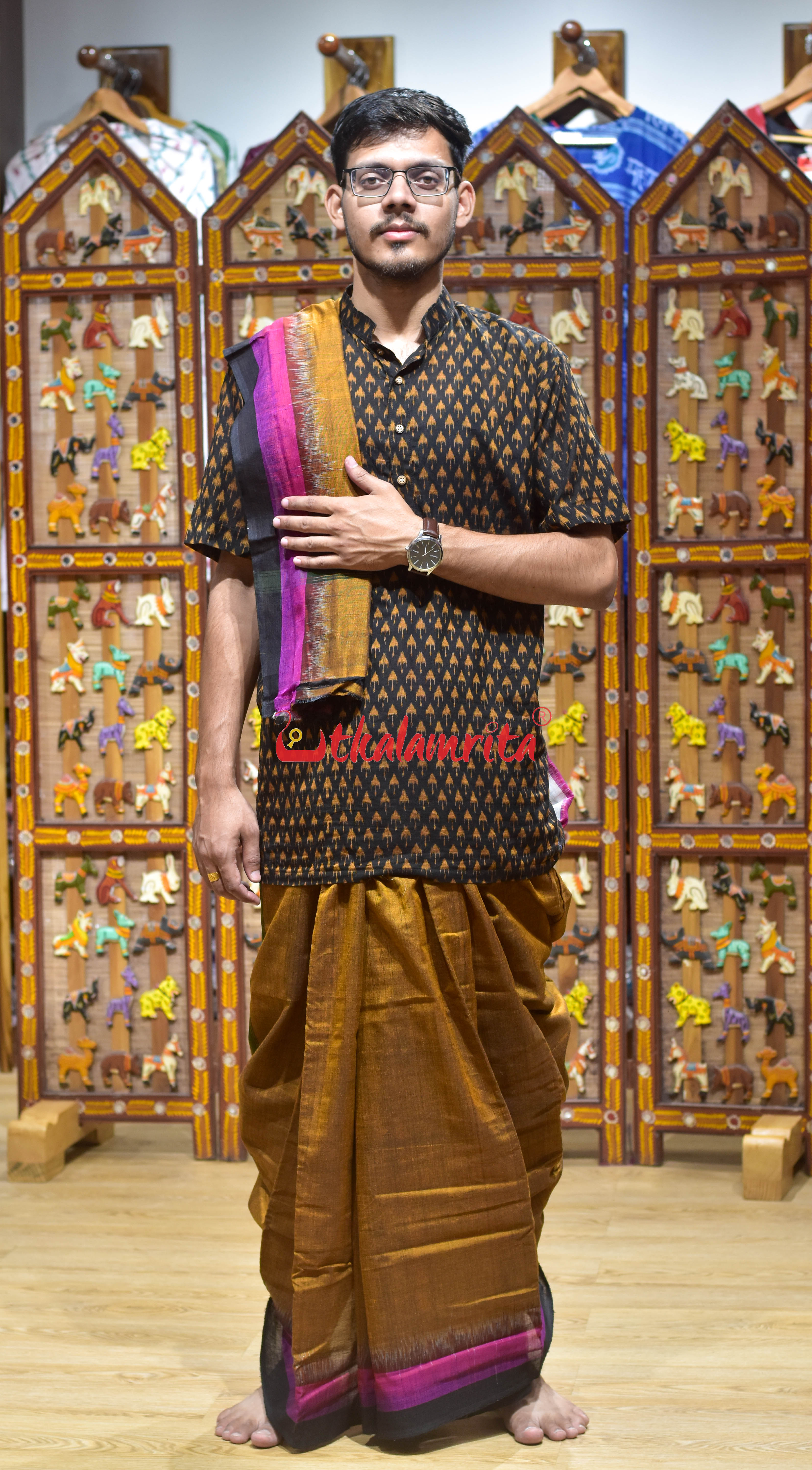 Golden Triple Border Kumbha Cotton Joda