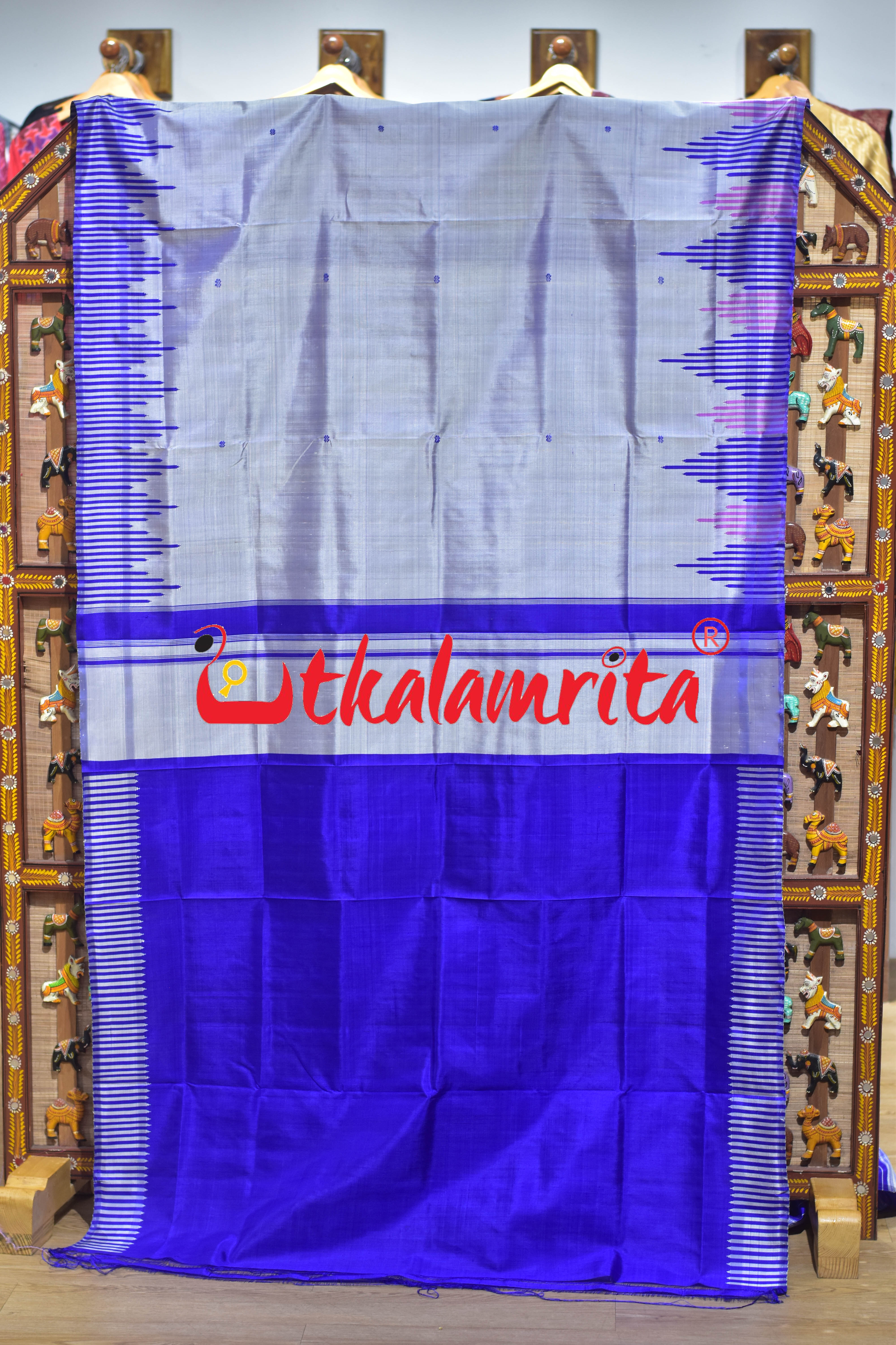 Steel Blue Multi Kumbha Double Anchal Berhampuri Silk Saree