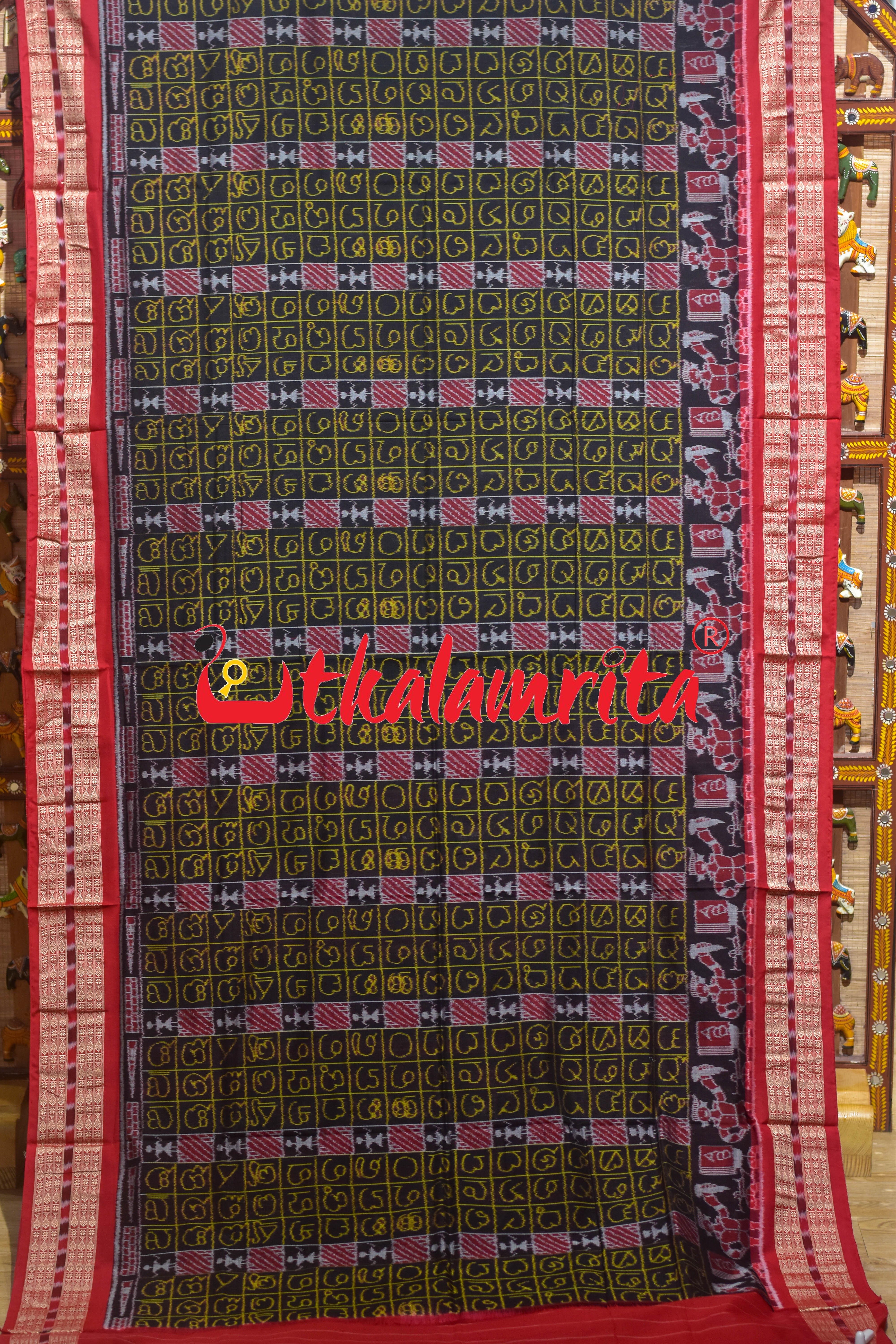 Black Red Odia Alphabets Doll Bandha Sambalpuri Cotton Saree