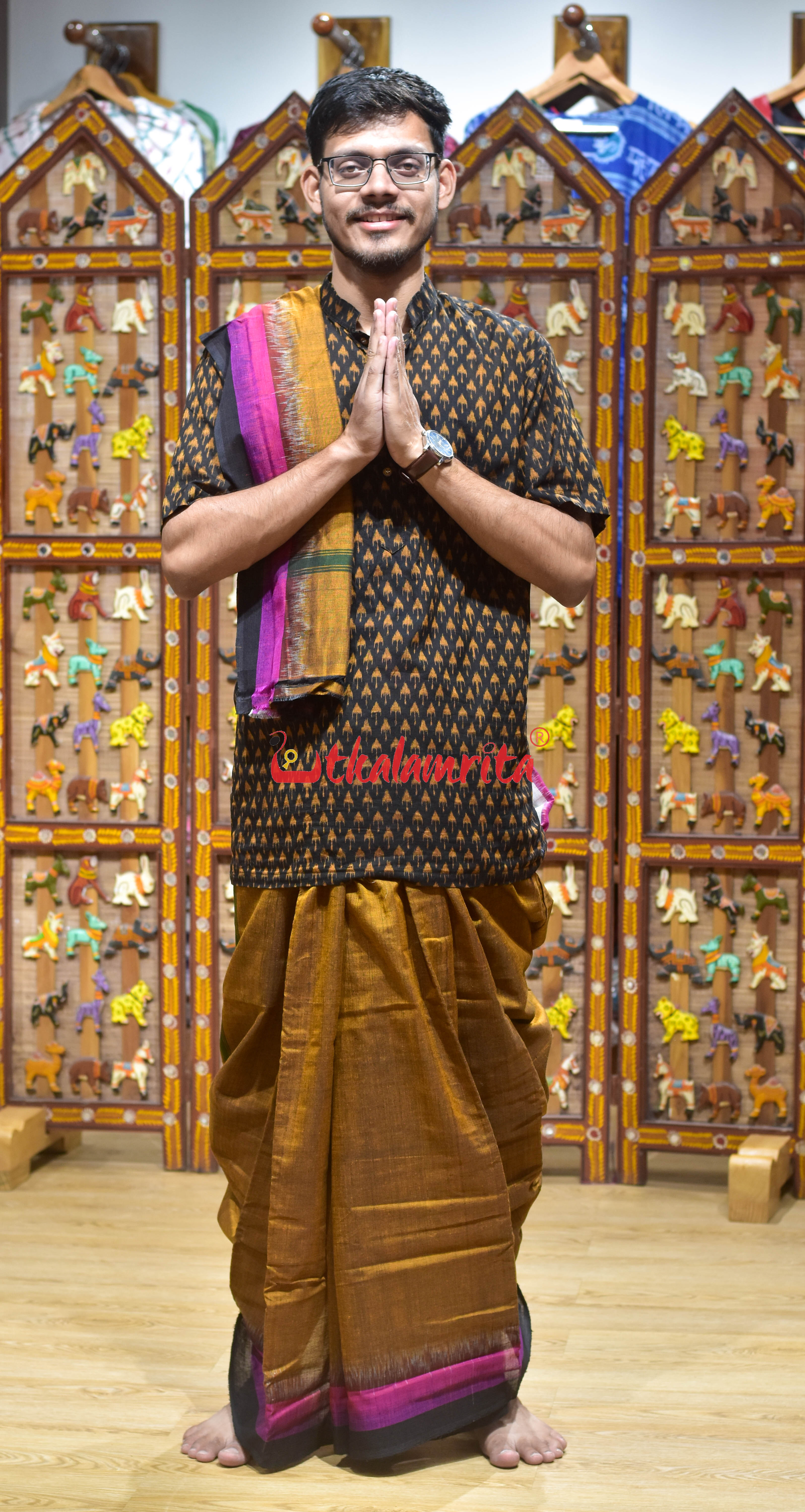 Golden Triple Border Kumbha Cotton Joda