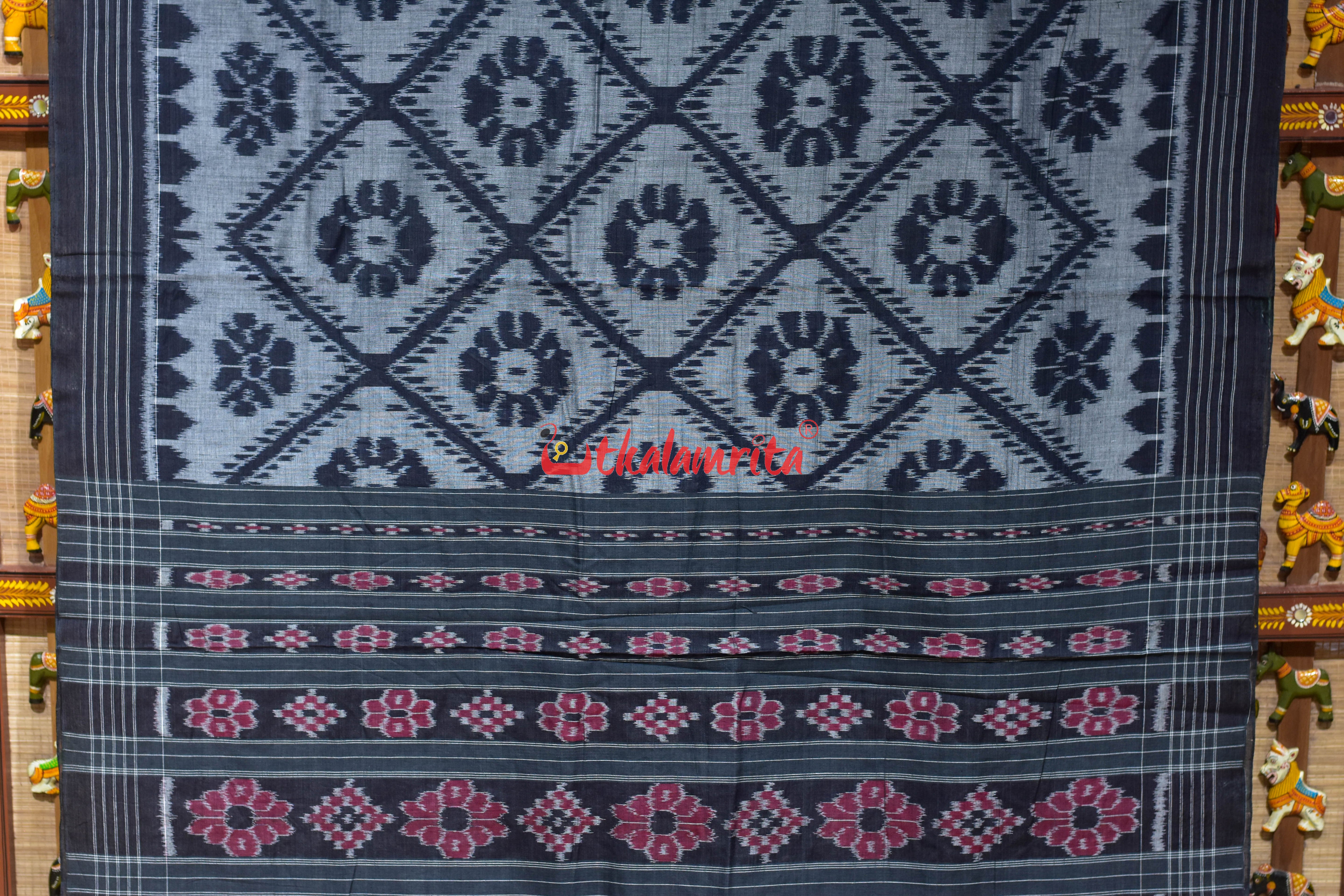 Grey Black Bada Phula Khandua Cotton Saree
