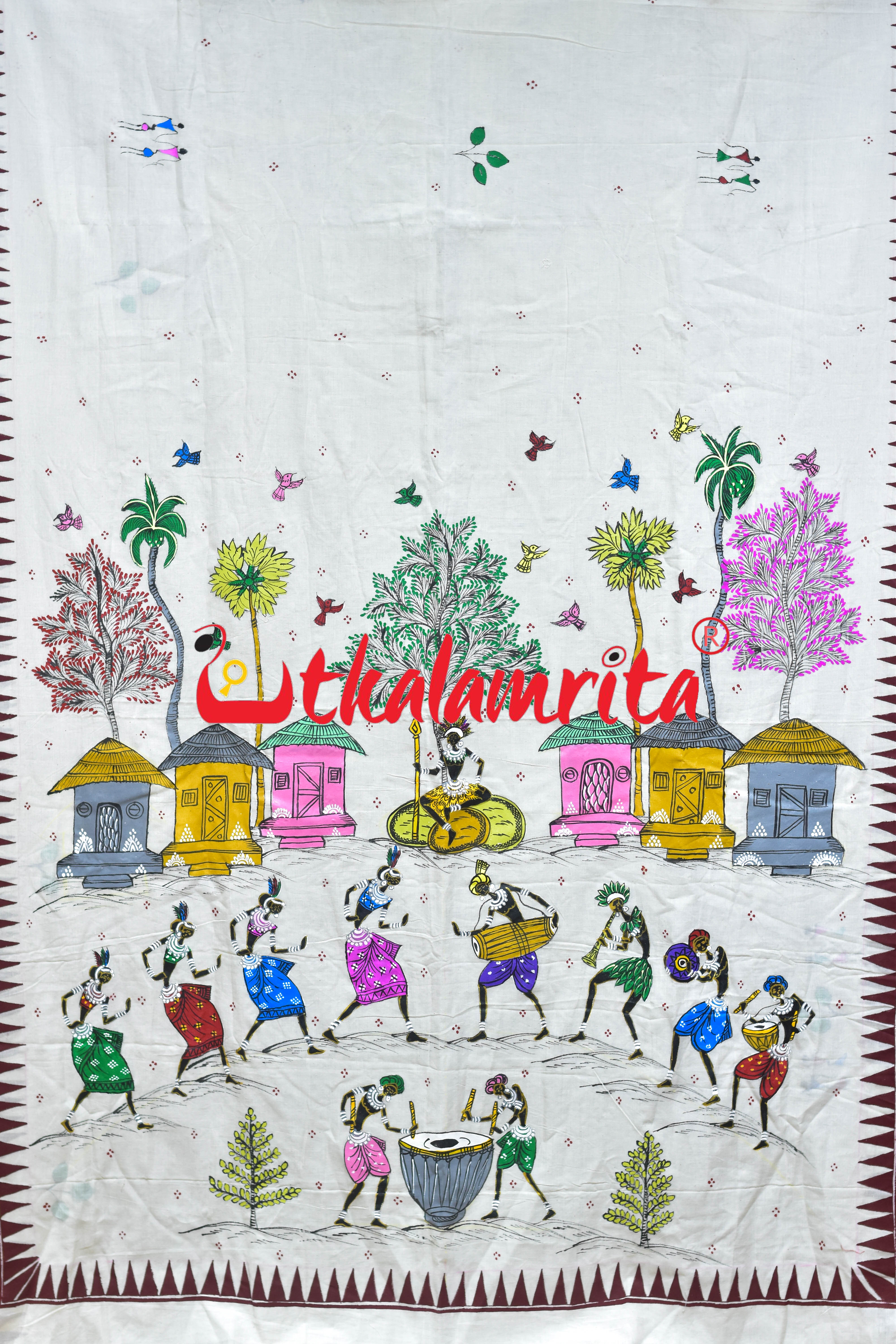 White Big Tribals Pattachitra Cotton Saree