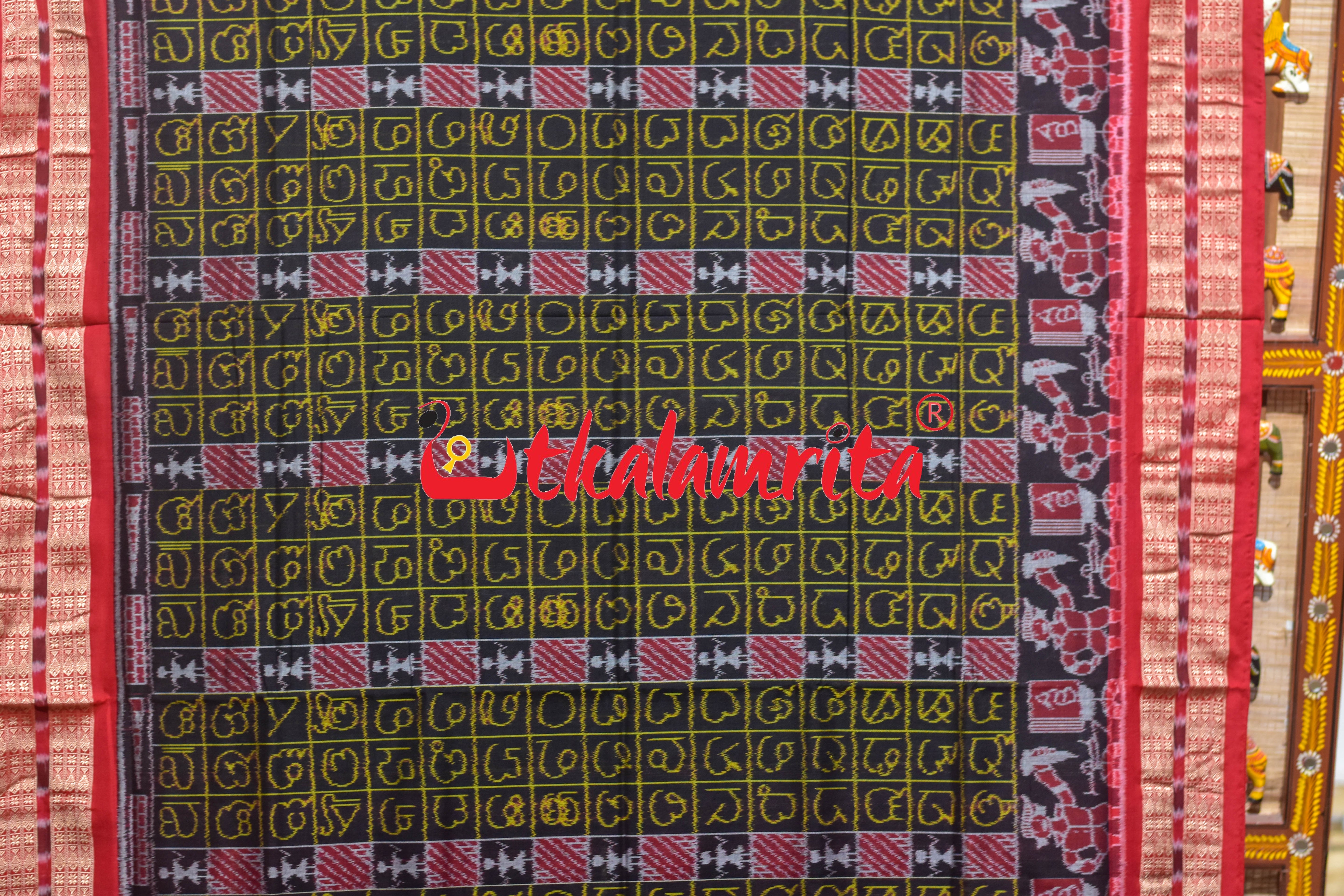 Black Red Odia Alphabets Doll Bandha Sambalpuri Cotton Saree