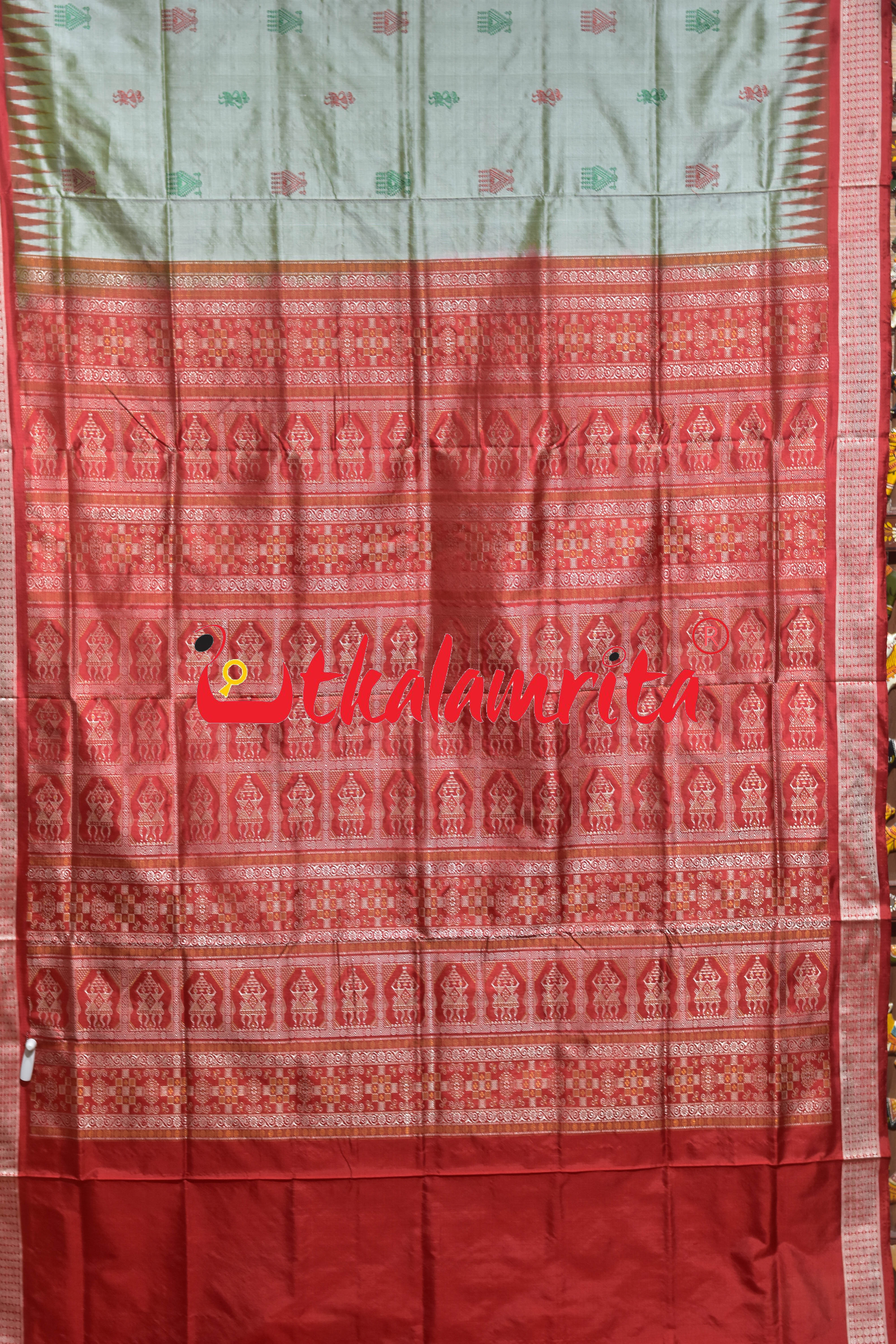 Grey Red Tribal Doll Bomkai Silk Saree