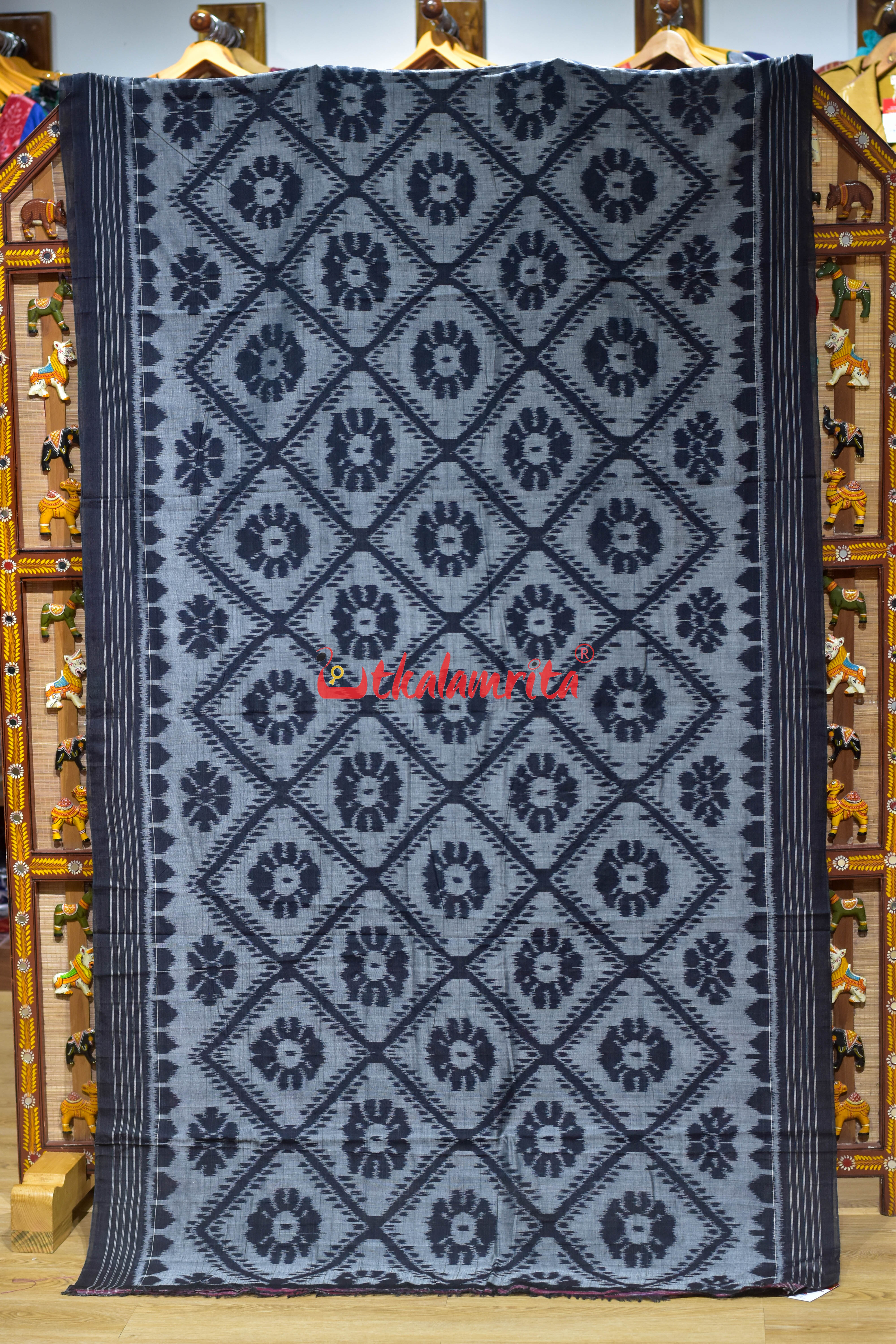 Grey Black Bada Phula Khandua Cotton Saree