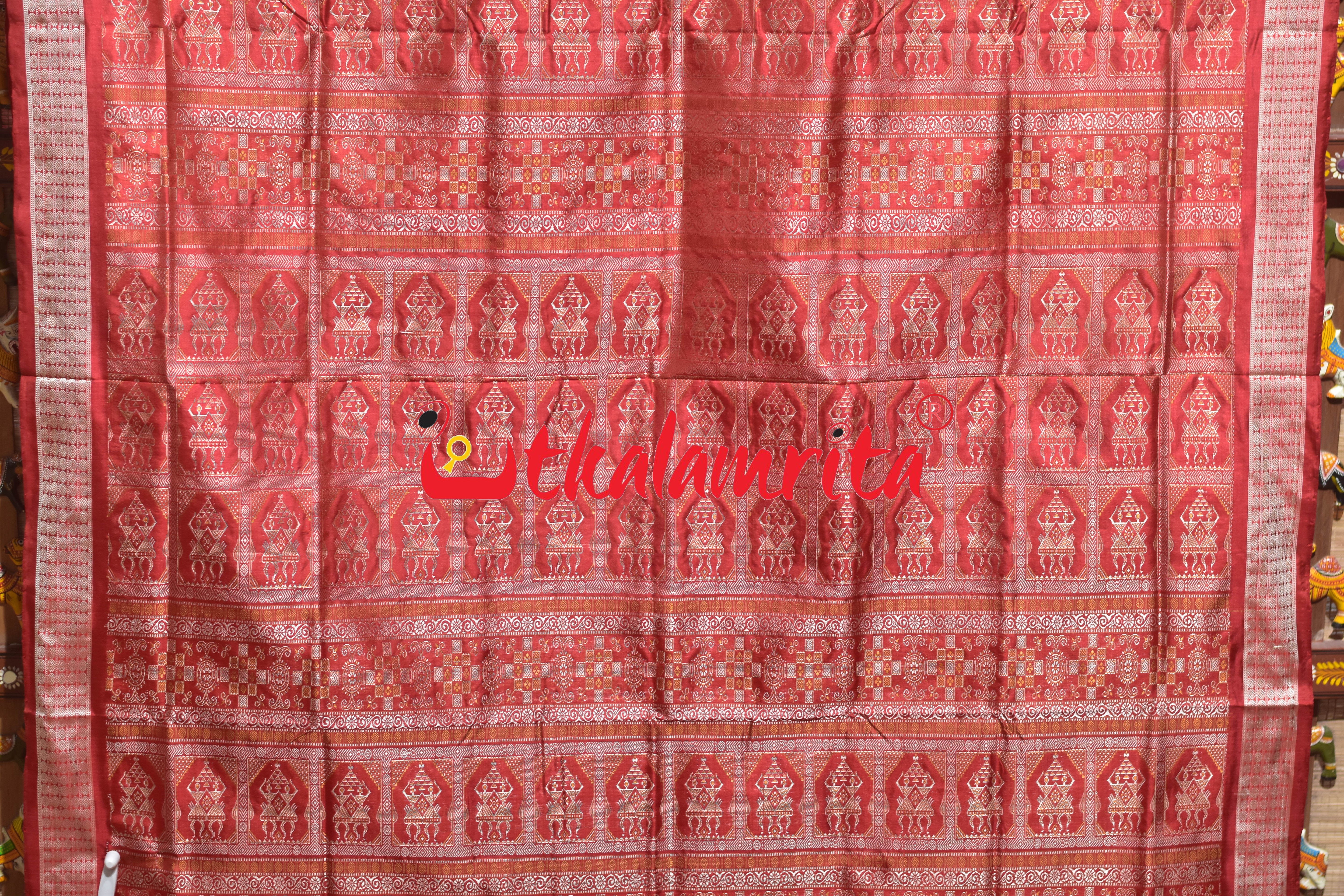 Grey Red Tribal Doll Bomkai Silk Saree