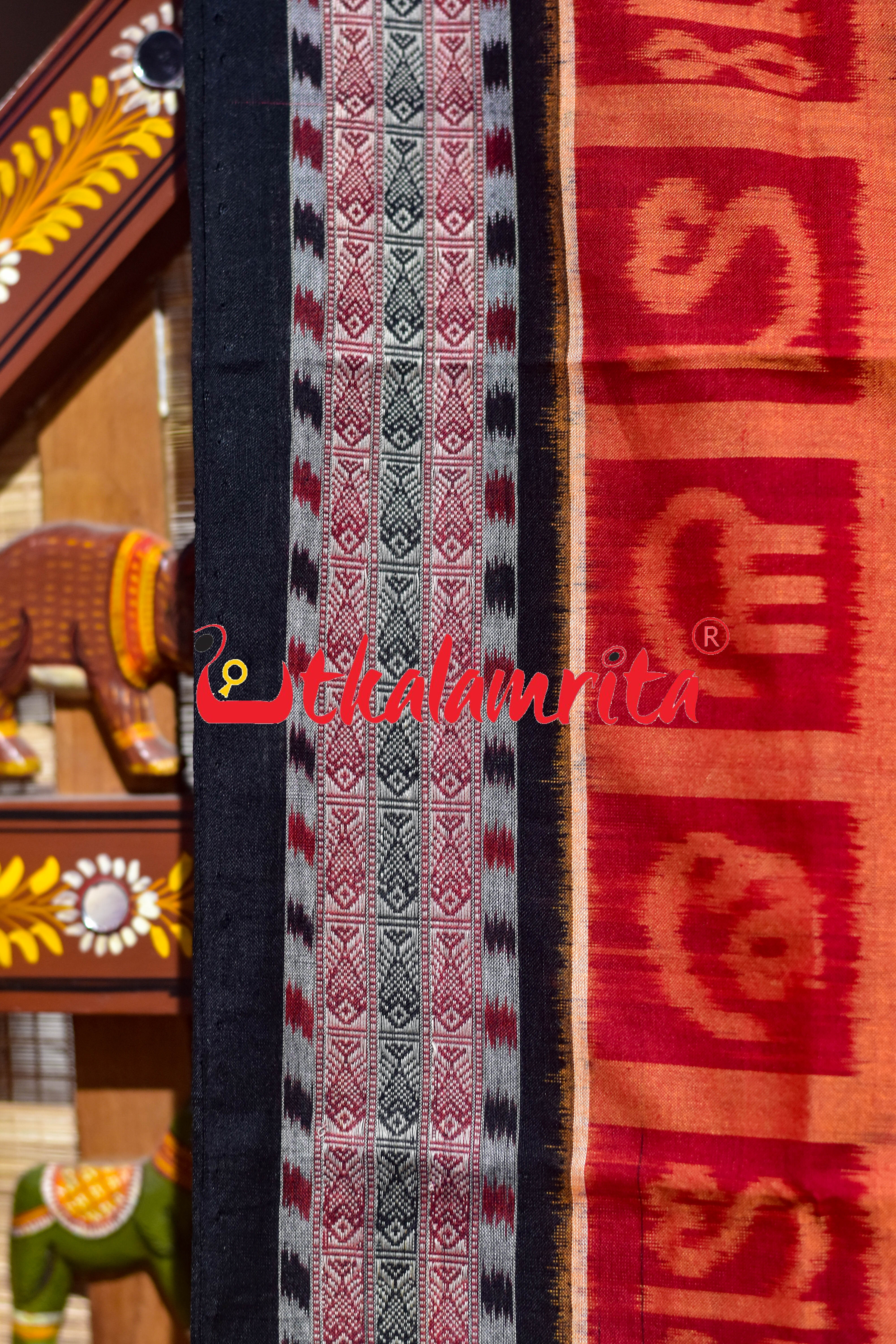 Red Odia Alphabets Sambalpuri Cotton Saree