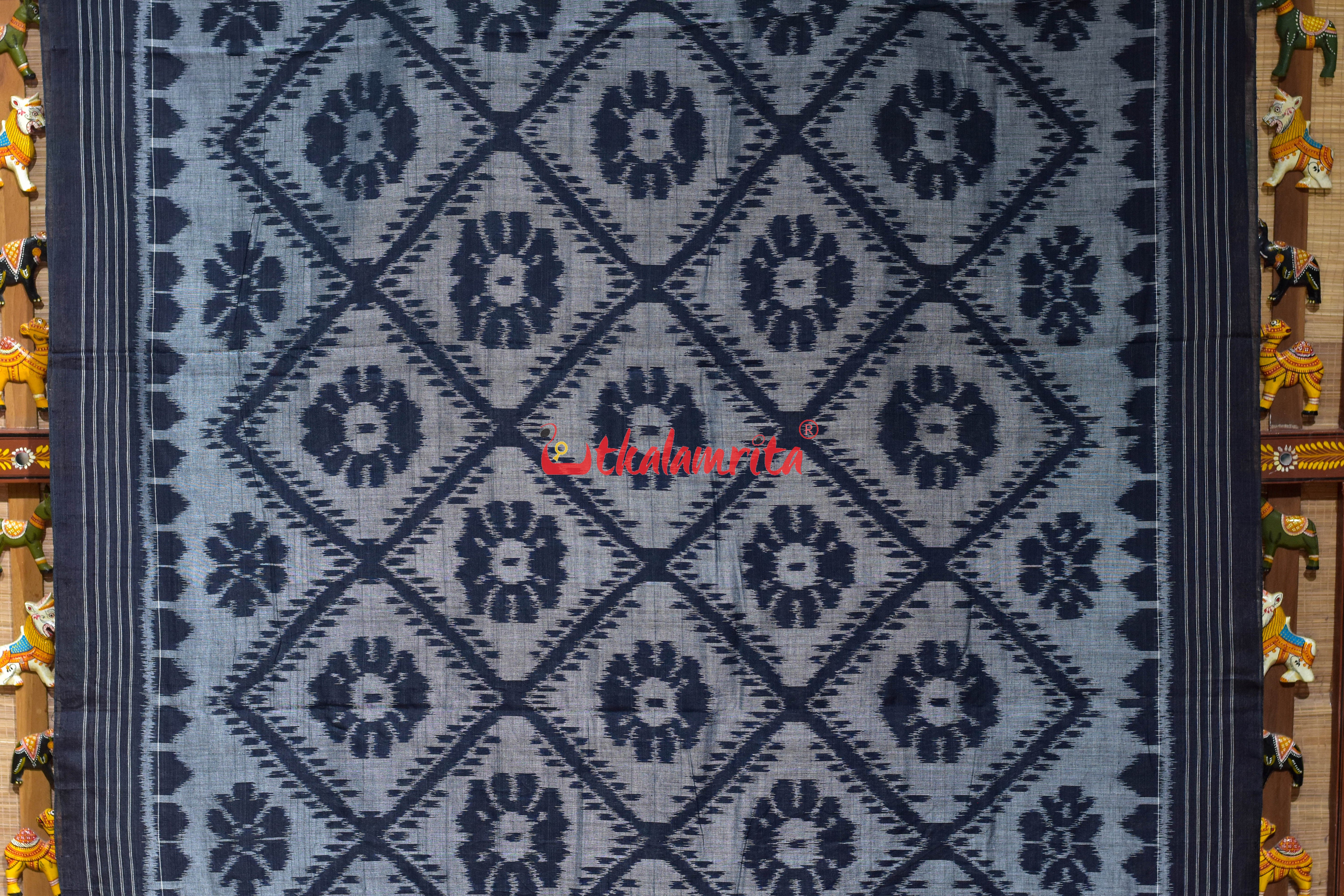 Grey Black Bada Phula Khandua Cotton Saree