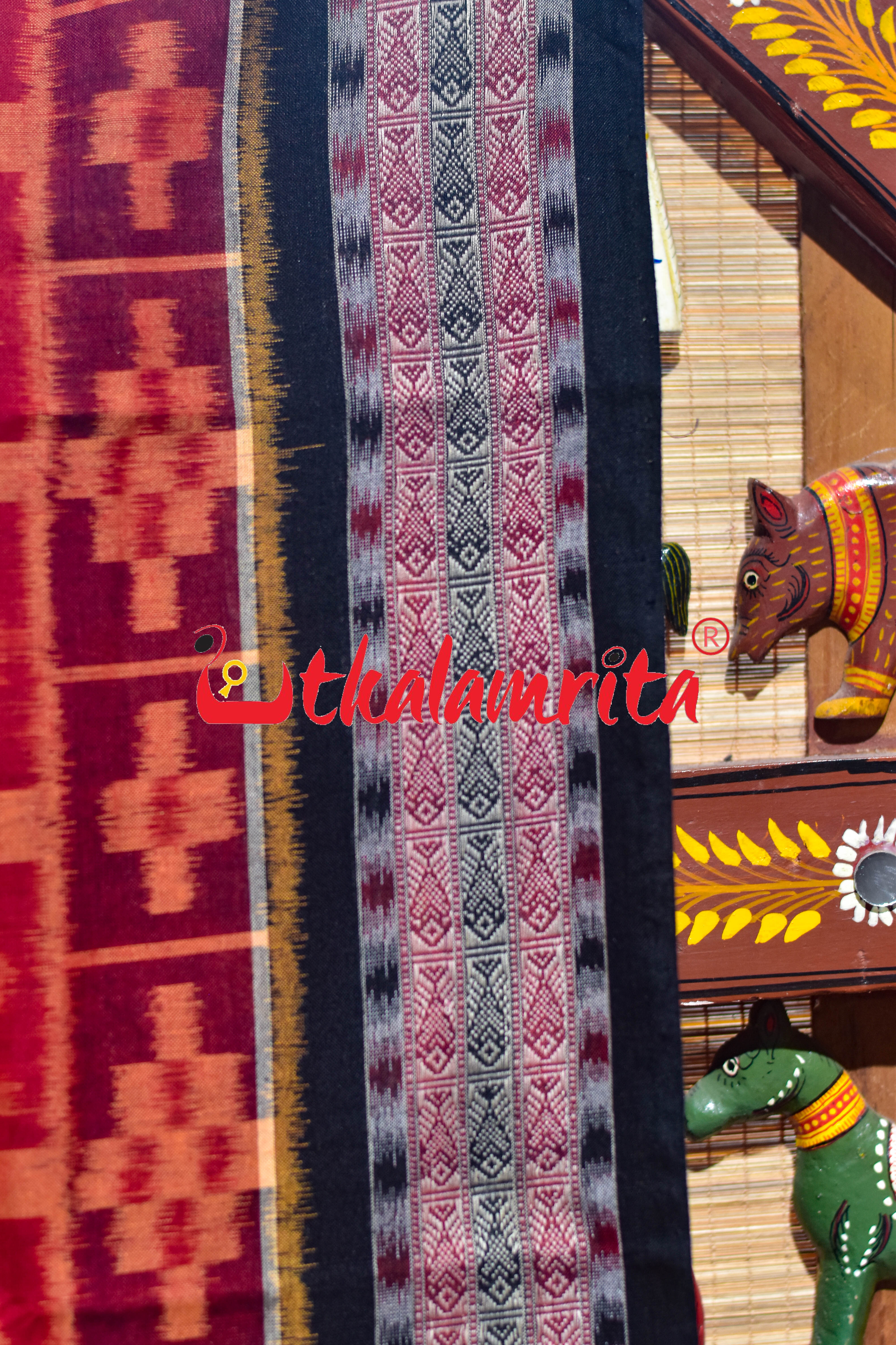 Red Odia Alphabets Sambalpuri Cotton Saree