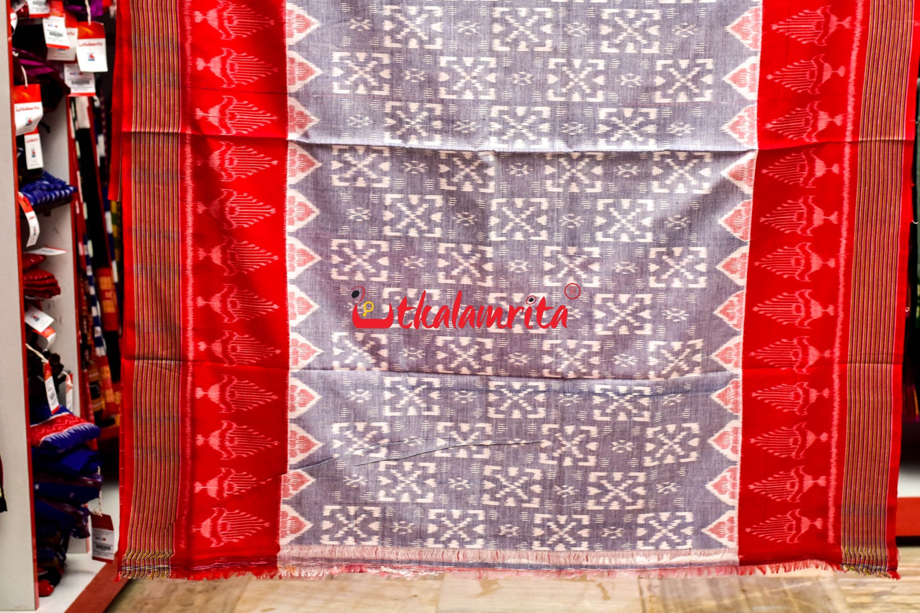 Light Blue Bandha Red Scot Khandua Cotton Saree