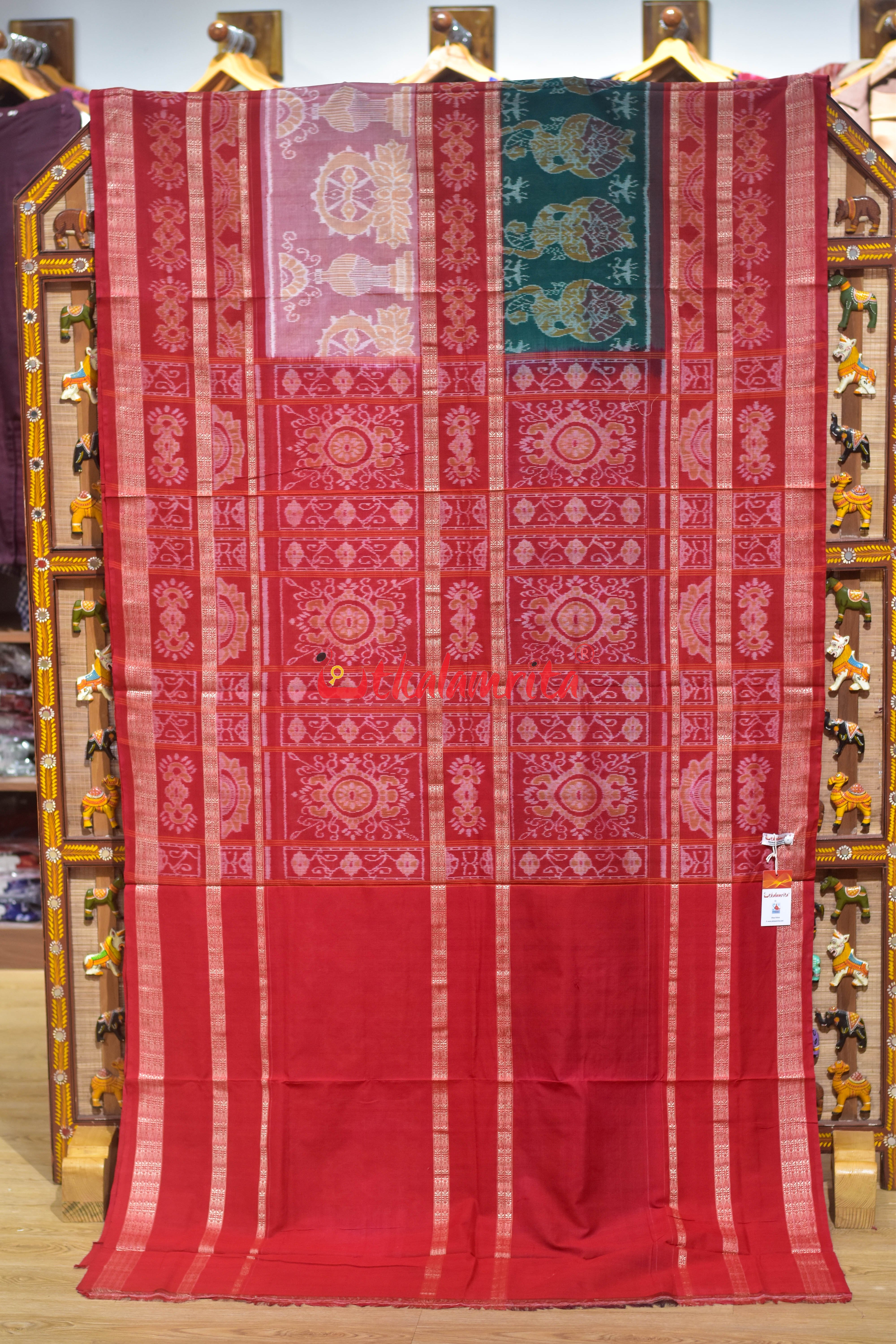 Chakra Nartaki 6D Pink Green Sambalpuri Cotton Saree