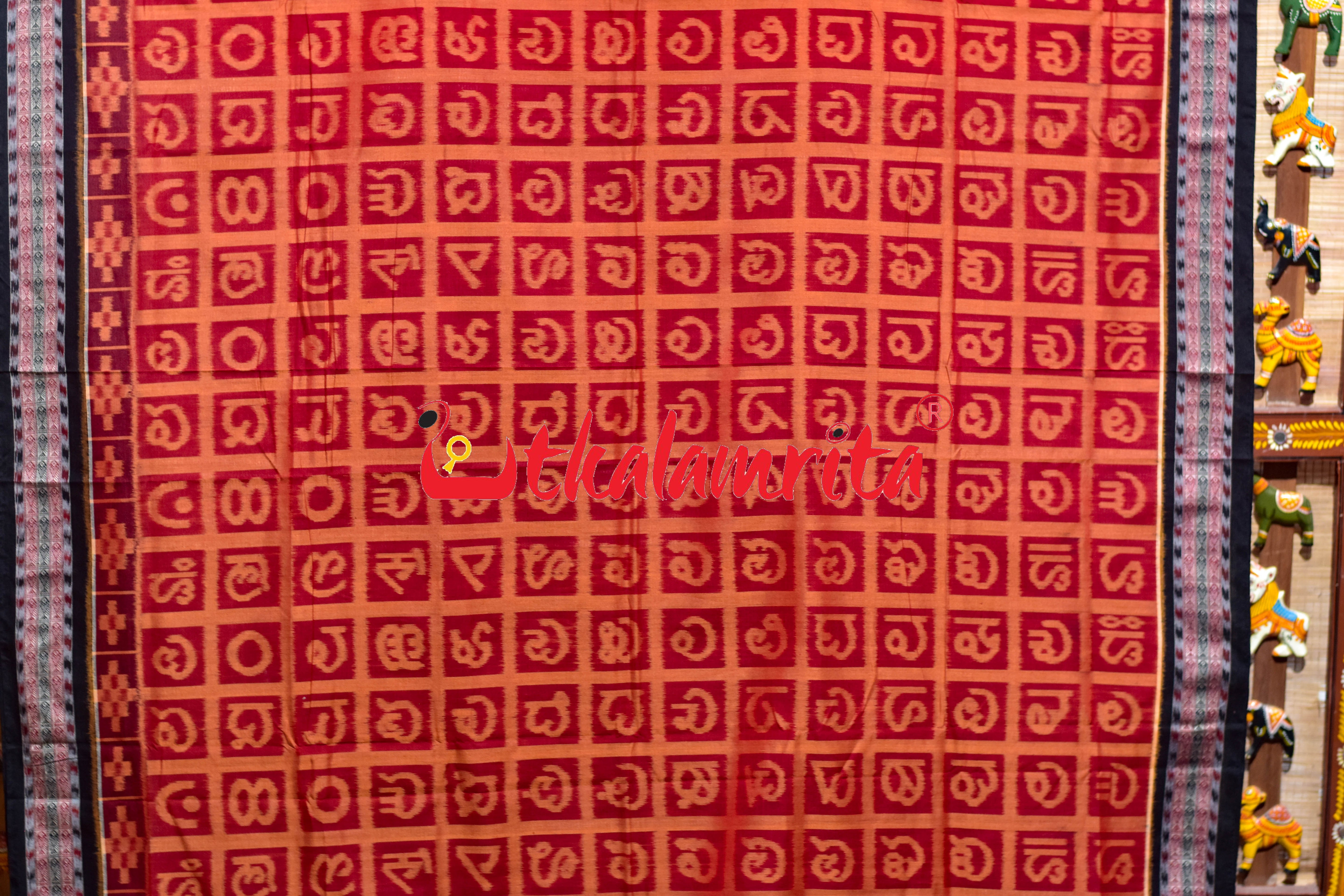 Red Odia Alphabets Sambalpuri Cotton Saree