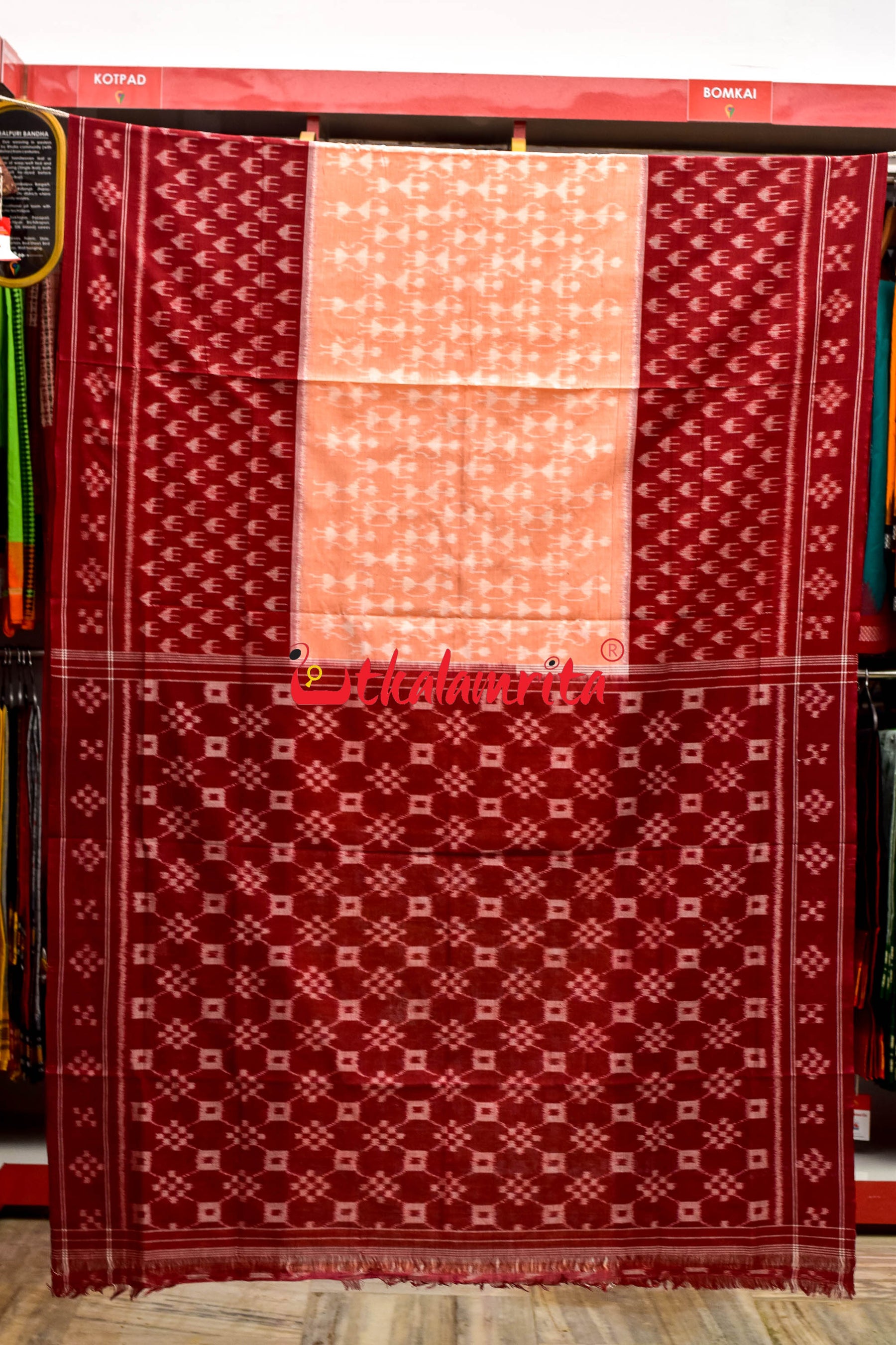 3D Peach Maroon Anchal Chain Khandua Cotton Saree