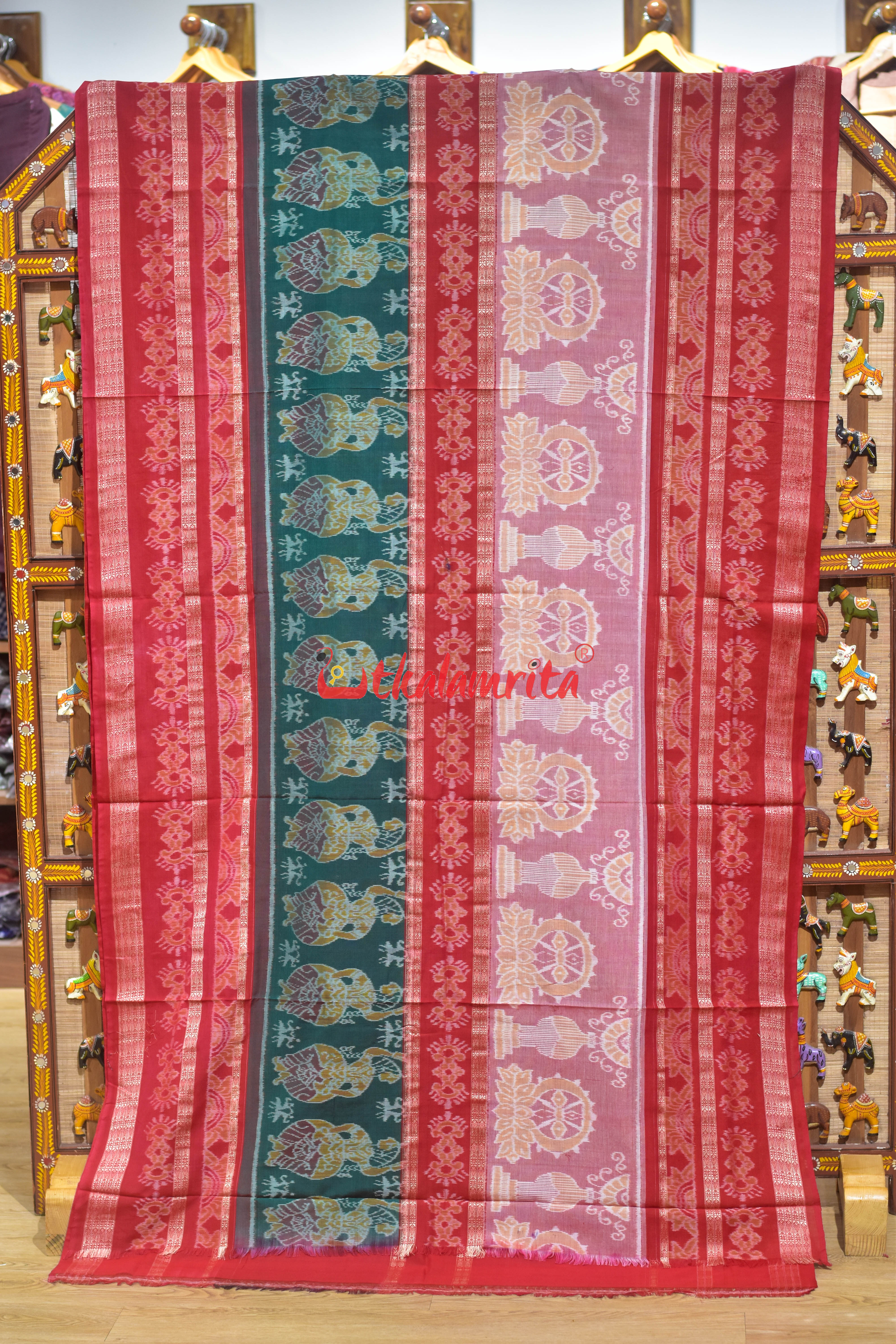Chakra Nartaki 6D Pink Green Sambalpuri Cotton Saree